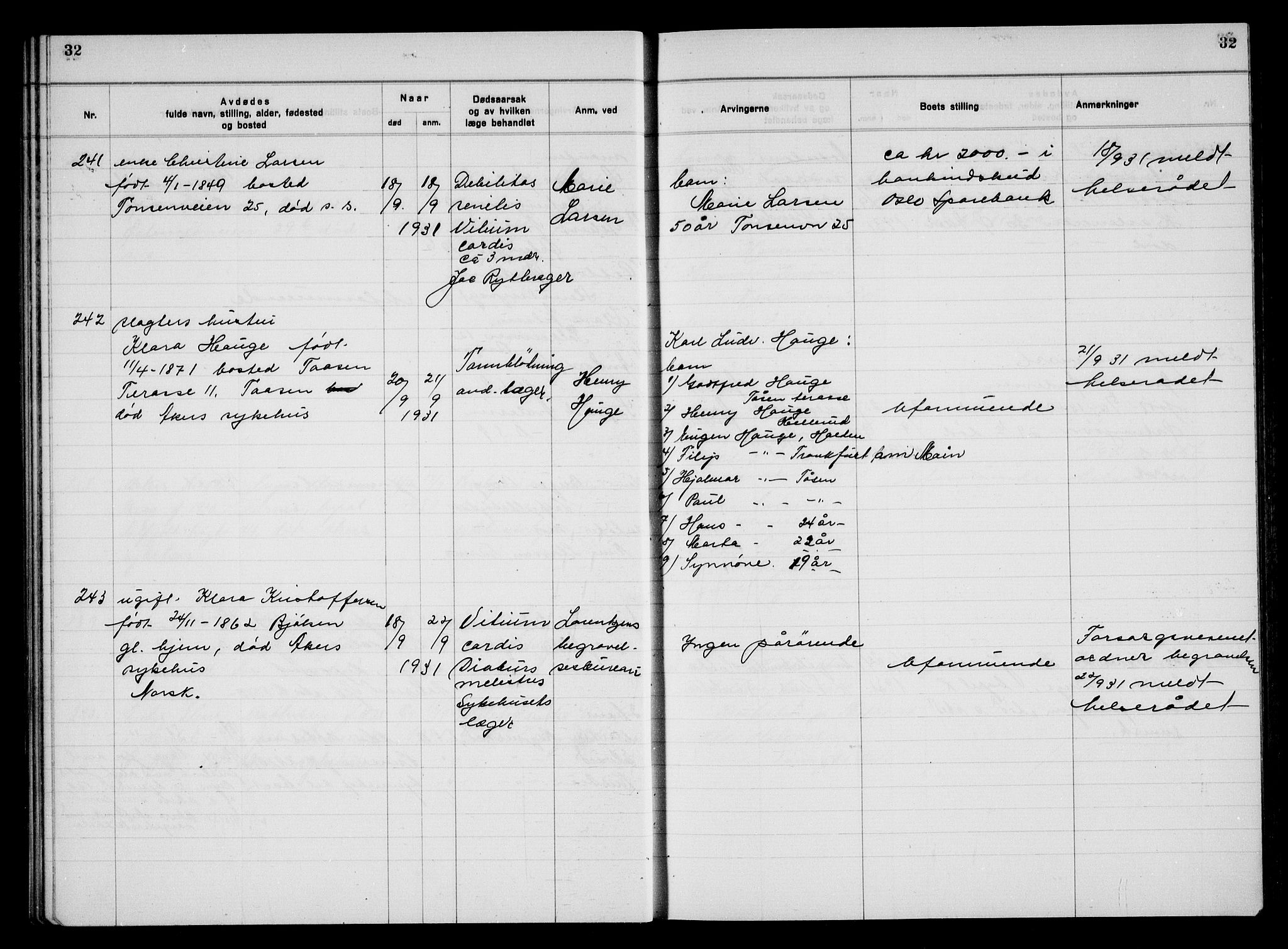 Aker kriminaldommer, skifte- og auksjonsforvalterembete, AV/SAO-A-10452/H/Hb/Hba/Hbac/L0003: Dødsfallsprotokoll for Østre Aker, 1931-1935, p. 32