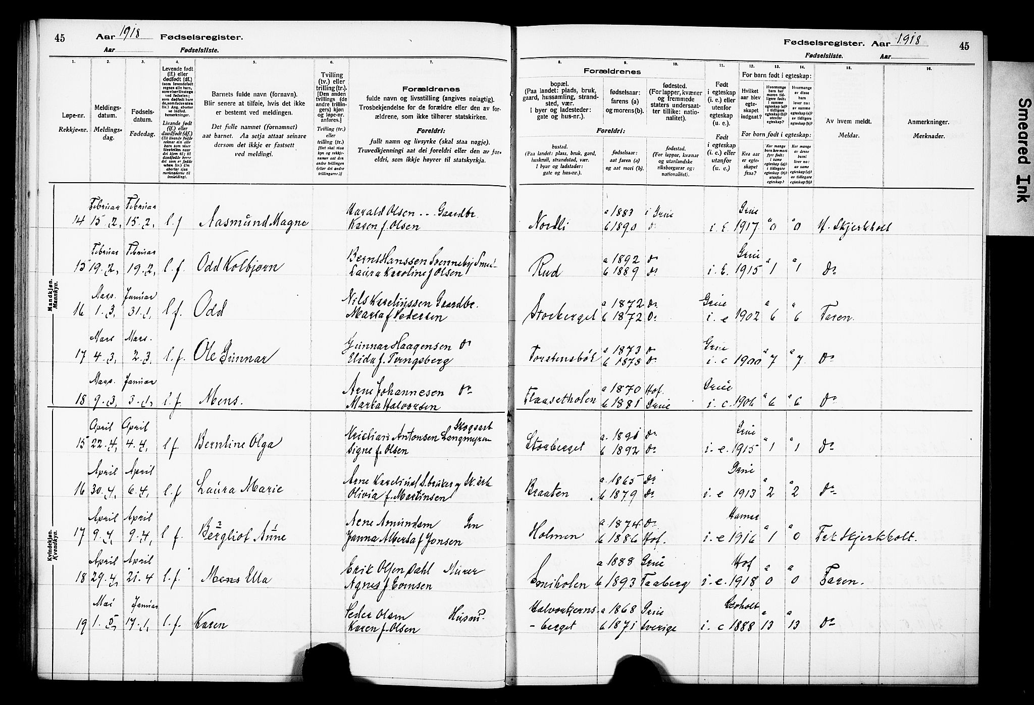 Grue prestekontor, AV/SAH-PREST-036/I/Id/Ida/L0001: Birth register no. I 1, 1916-1926, p. 45