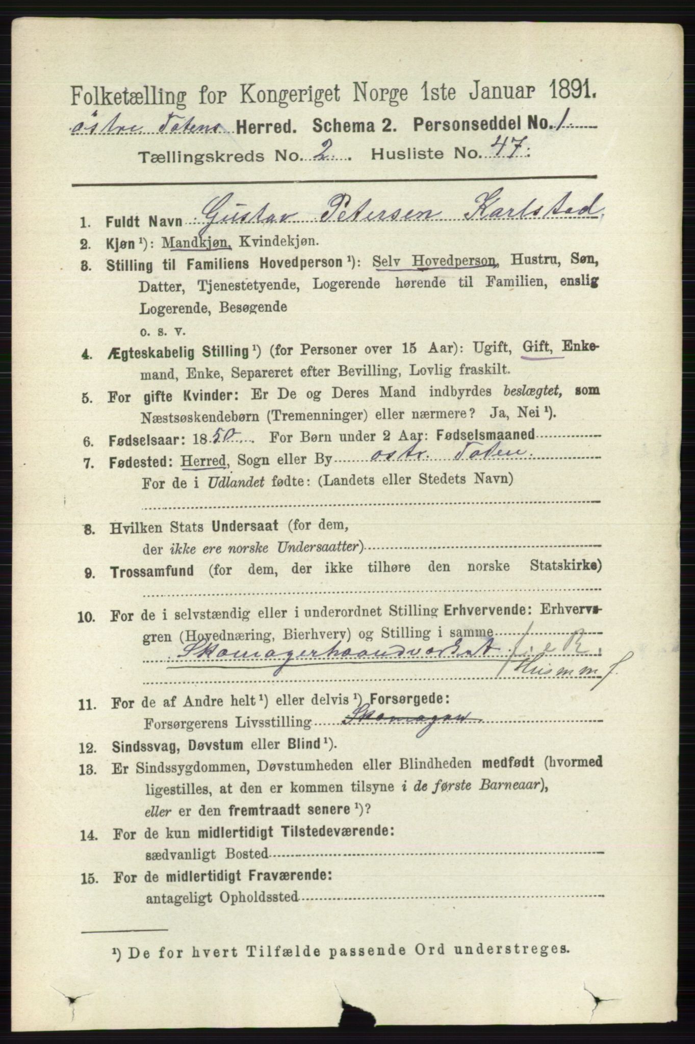RA, 1891 census for 0528 Østre Toten, 1891, p. 1053