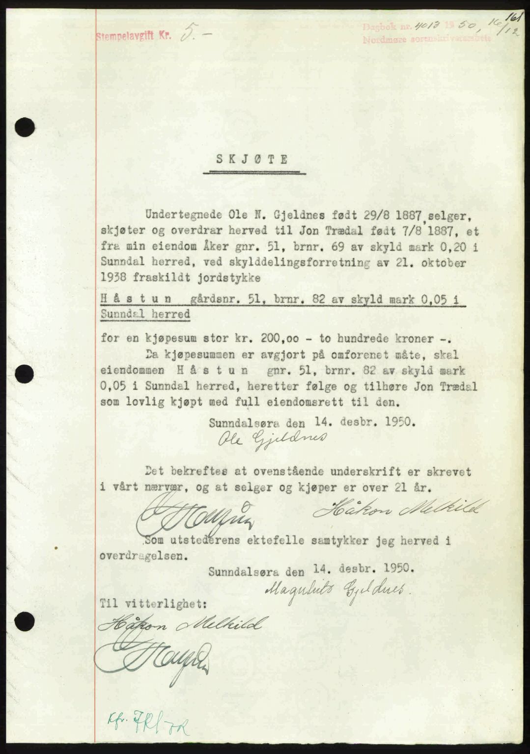 Nordmøre sorenskriveri, AV/SAT-A-4132/1/2/2Ca: Mortgage book no. A117, 1950-1950, Diary no: : 4013/1950