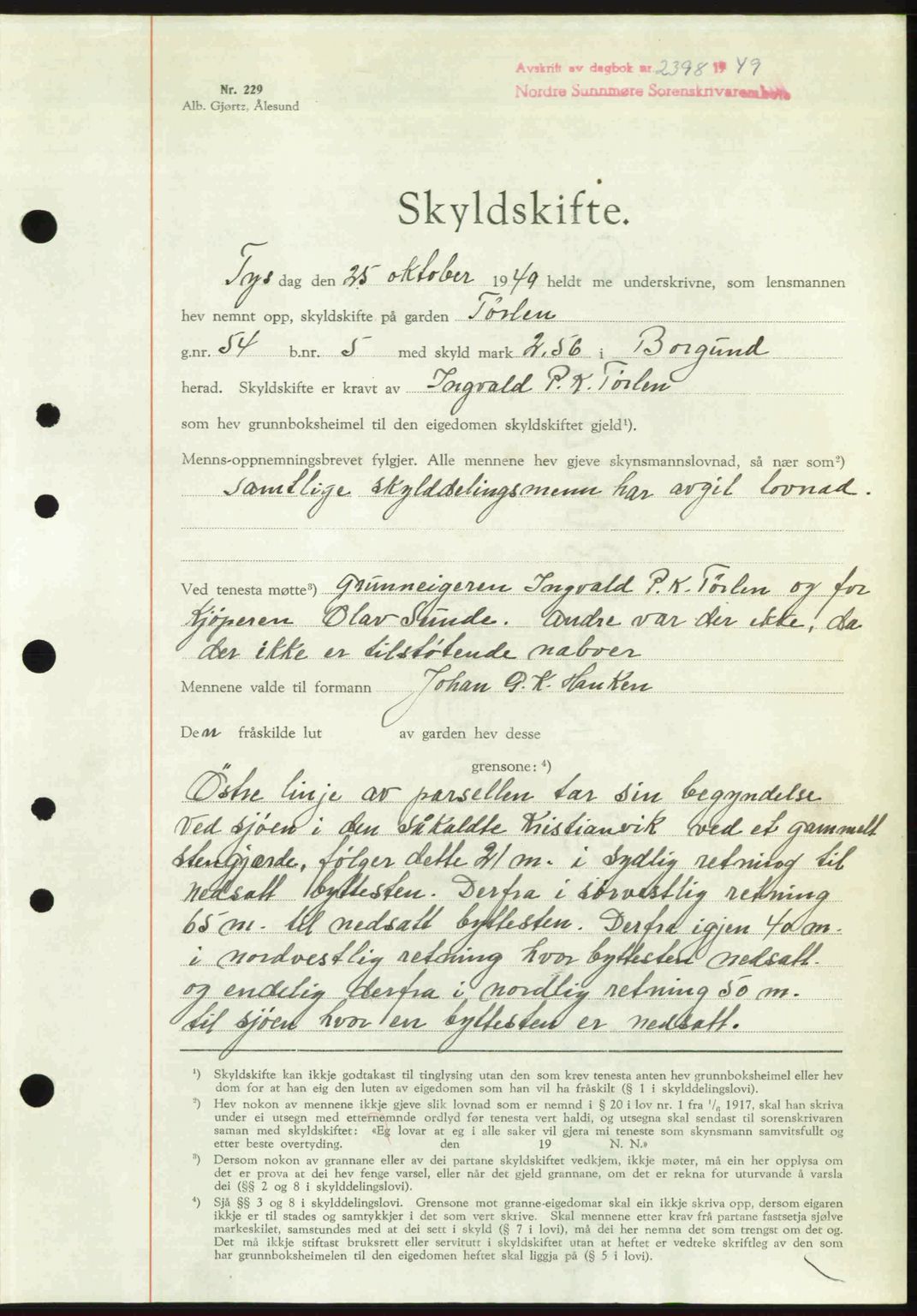 Nordre Sunnmøre sorenskriveri, AV/SAT-A-0006/1/2/2C/2Ca: Mortgage book no. A32, 1949-1949, Diary no: : 2398/1949