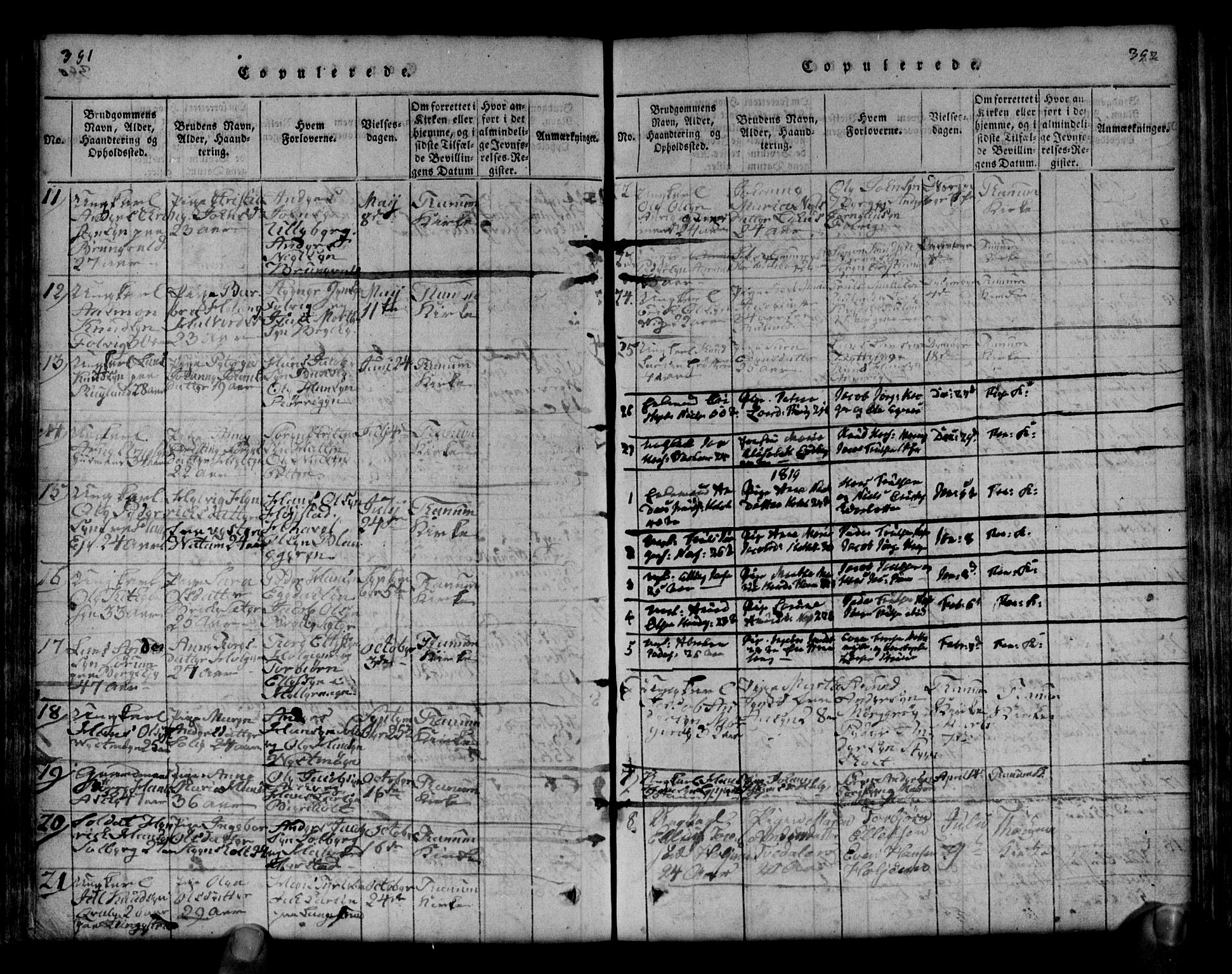 Brunlanes kirkebøker, AV/SAKO-A-342/G/Ga/L0001: Parish register (copy) no. I 1, 1814-1834, p. 391-392