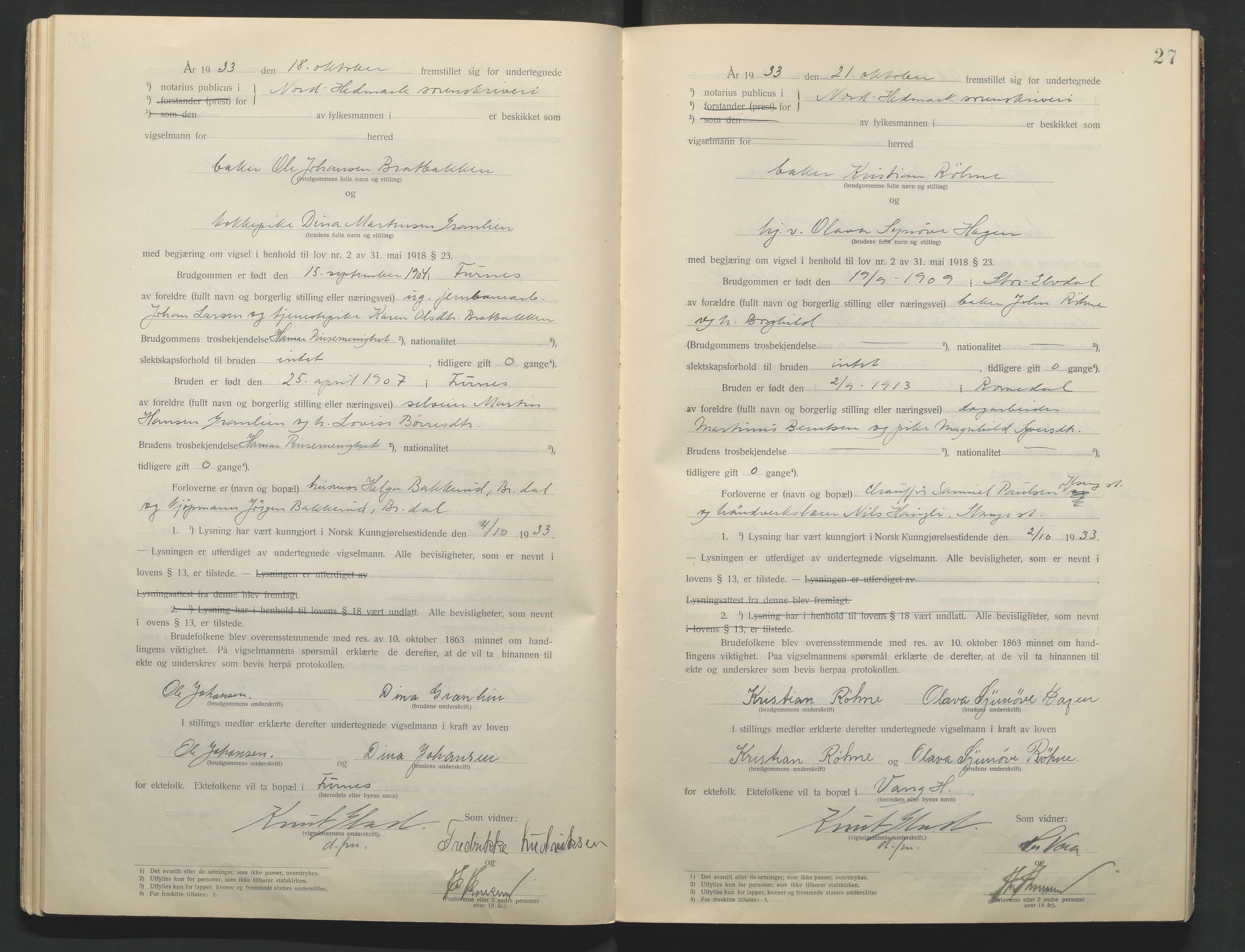 Nord-Hedmark sorenskriveri, AV/SAH-TING-012/L/Lc/L0001/0001: Vigselsprotokoller / Vigselsprotokoll, 1920-1942, p. 27