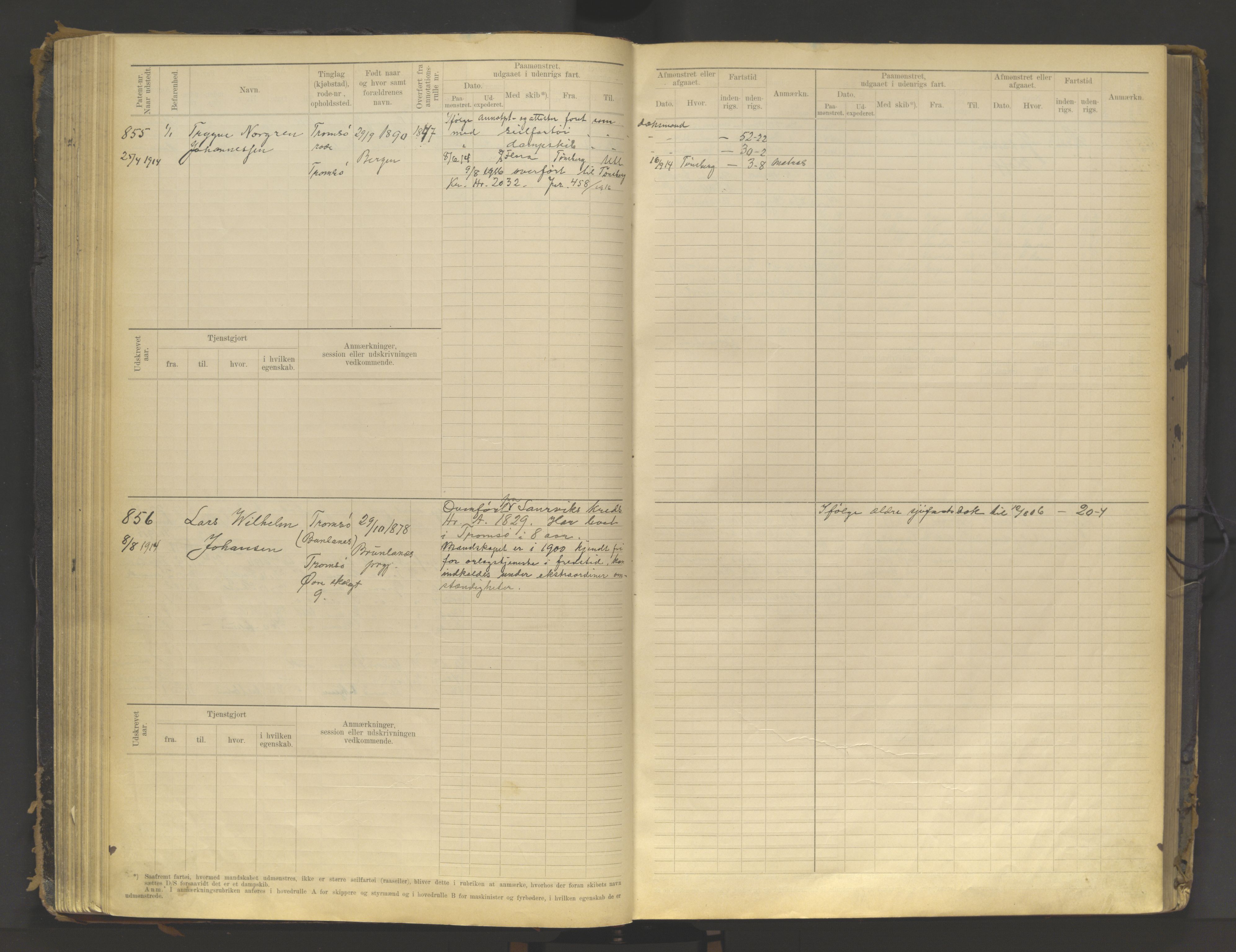 Tromsø sjømannskontor/innrullerings-/mønstringsdistrikt, AV/SATØ-S-0243/F/Fb/L0015: Sjøfartsrulle (hovedrulle). Defekt: løs rygg Nr. 621-860, 1905-1925