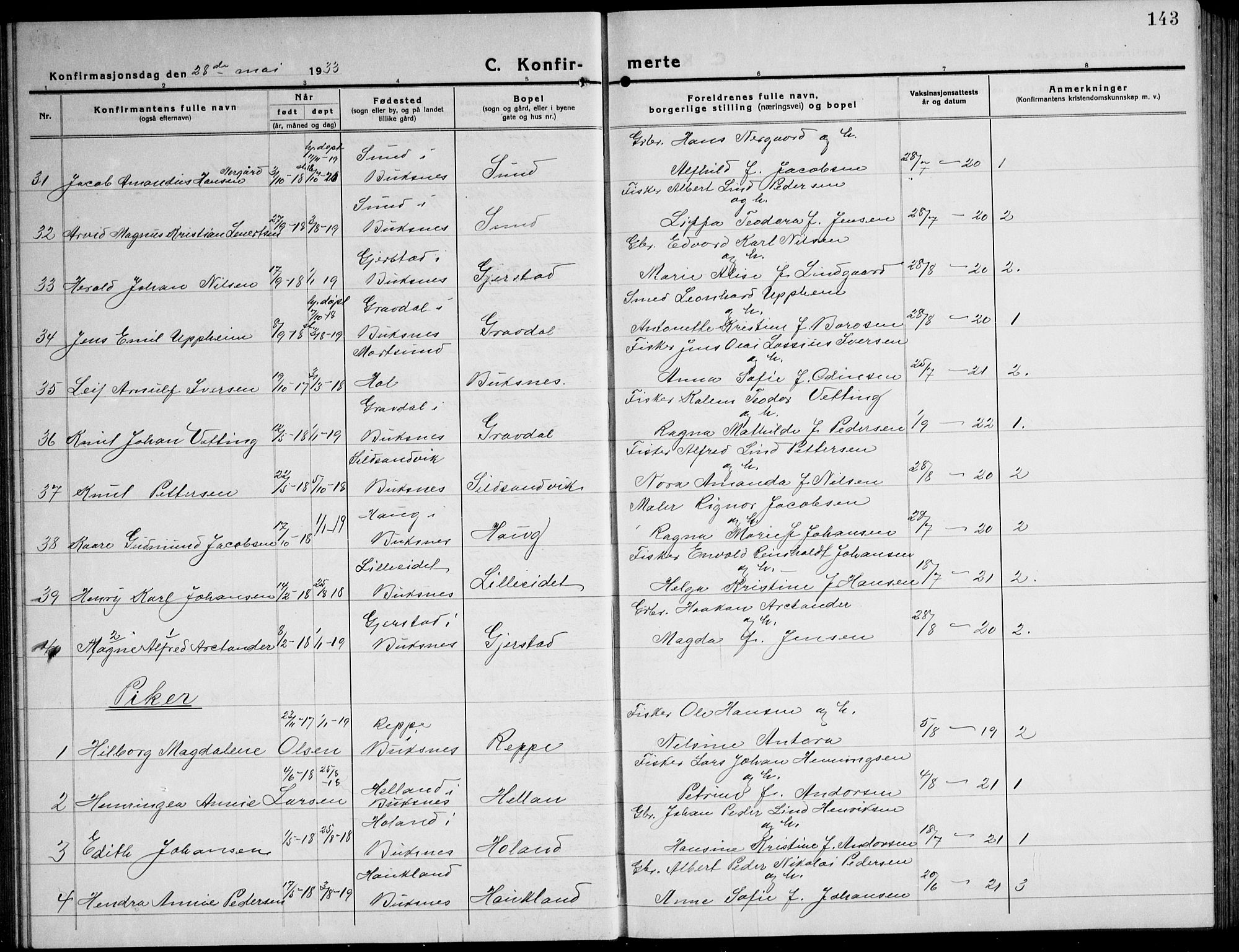 Ministerialprotokoller, klokkerbøker og fødselsregistre - Nordland, AV/SAT-A-1459/881/L1170: Parish register (copy) no. 881C07, 1930-1943, p. 143