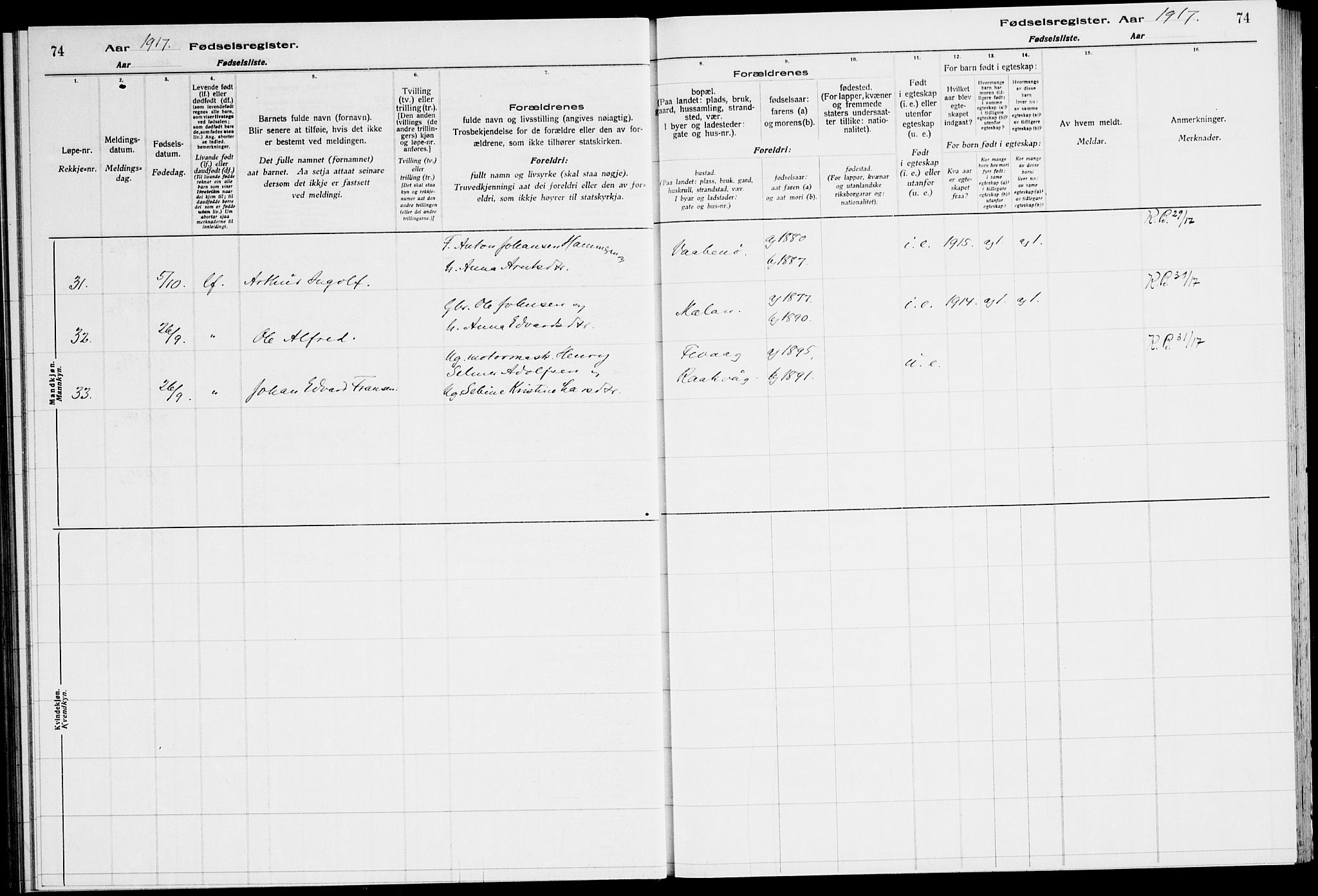 Ministerialprotokoller, klokkerbøker og fødselsregistre - Sør-Trøndelag, AV/SAT-A-1456/651/L0650: Birth register no. 651.II.4.1, 1916-1923, p. 74
