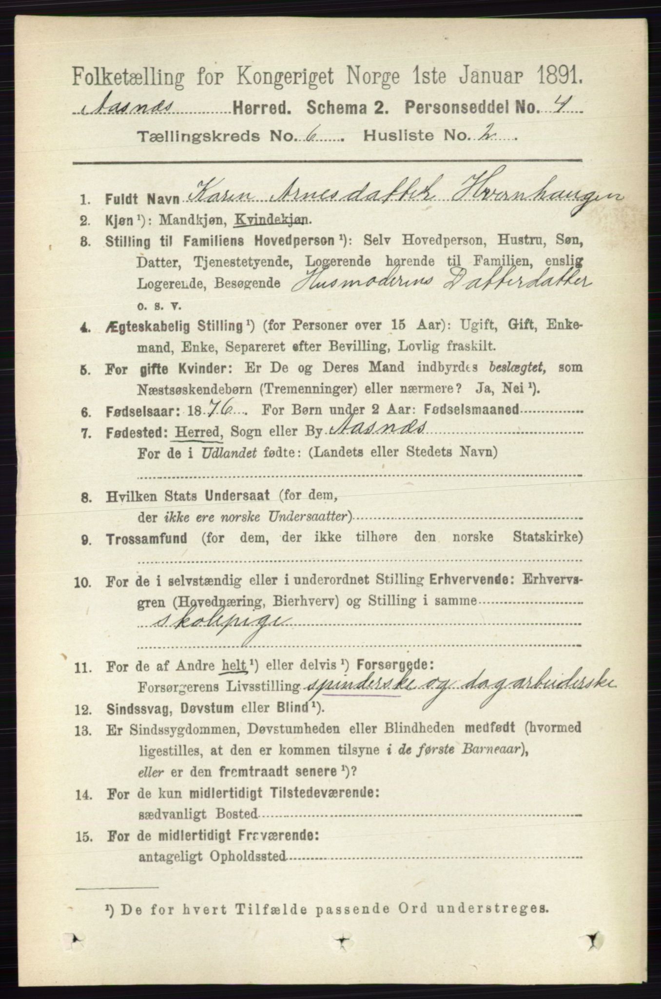 RA, 1891 census for 0425 Åsnes, 1891, p. 2803