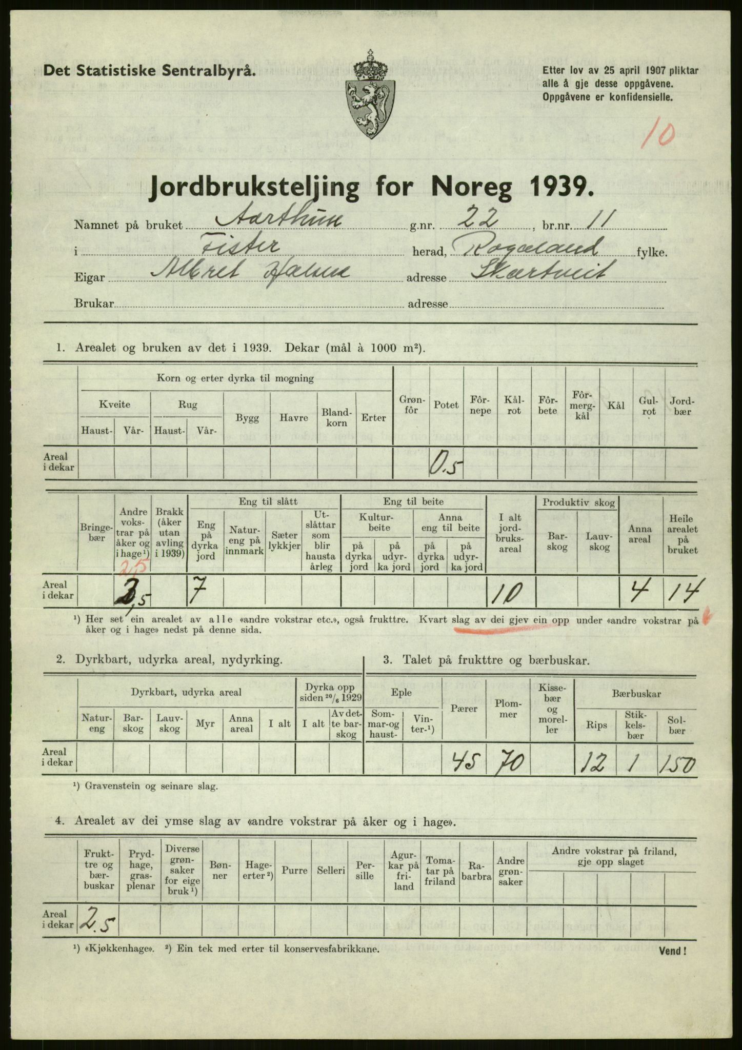 Statistisk sentralbyrå, Næringsøkonomiske emner, Jordbruk, skogbruk, jakt, fiske og fangst, AV/RA-S-2234/G/Gb/L0184: Rogaland: Årdal, Fister og Hjelmeland, 1939, p. 135