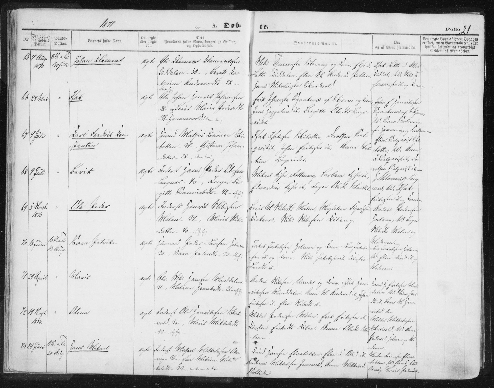 Lyngen sokneprestembete, AV/SATØ-S-1289/H/He/Hea/L0006kirke: Parish register (official) no. 6, 1870-1878, p. 21