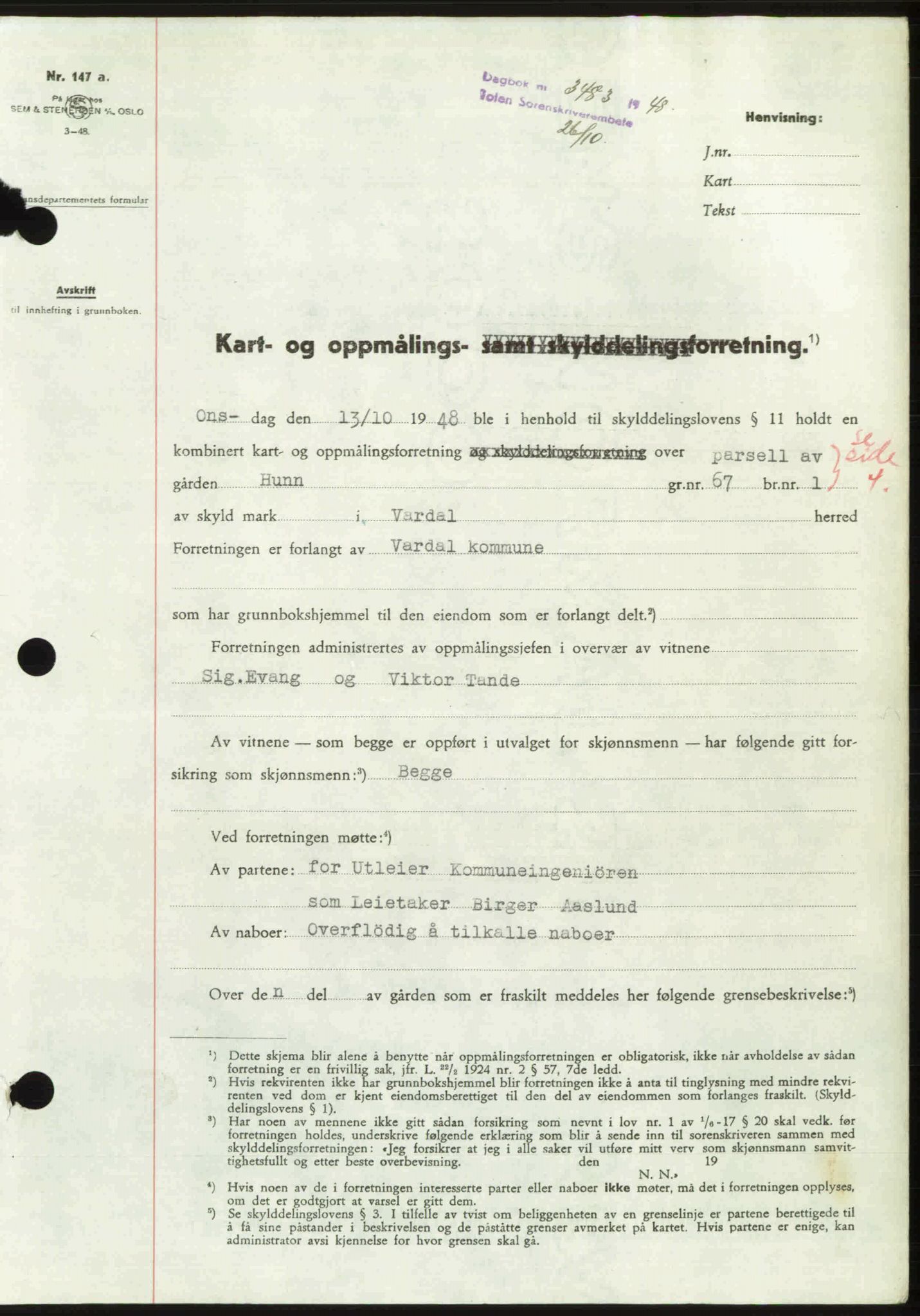 Toten tingrett, SAH/TING-006/H/Hb/Hbc/L0020: Mortgage book no. Hbc-20, 1948-1948, Diary no: : 3483/1948