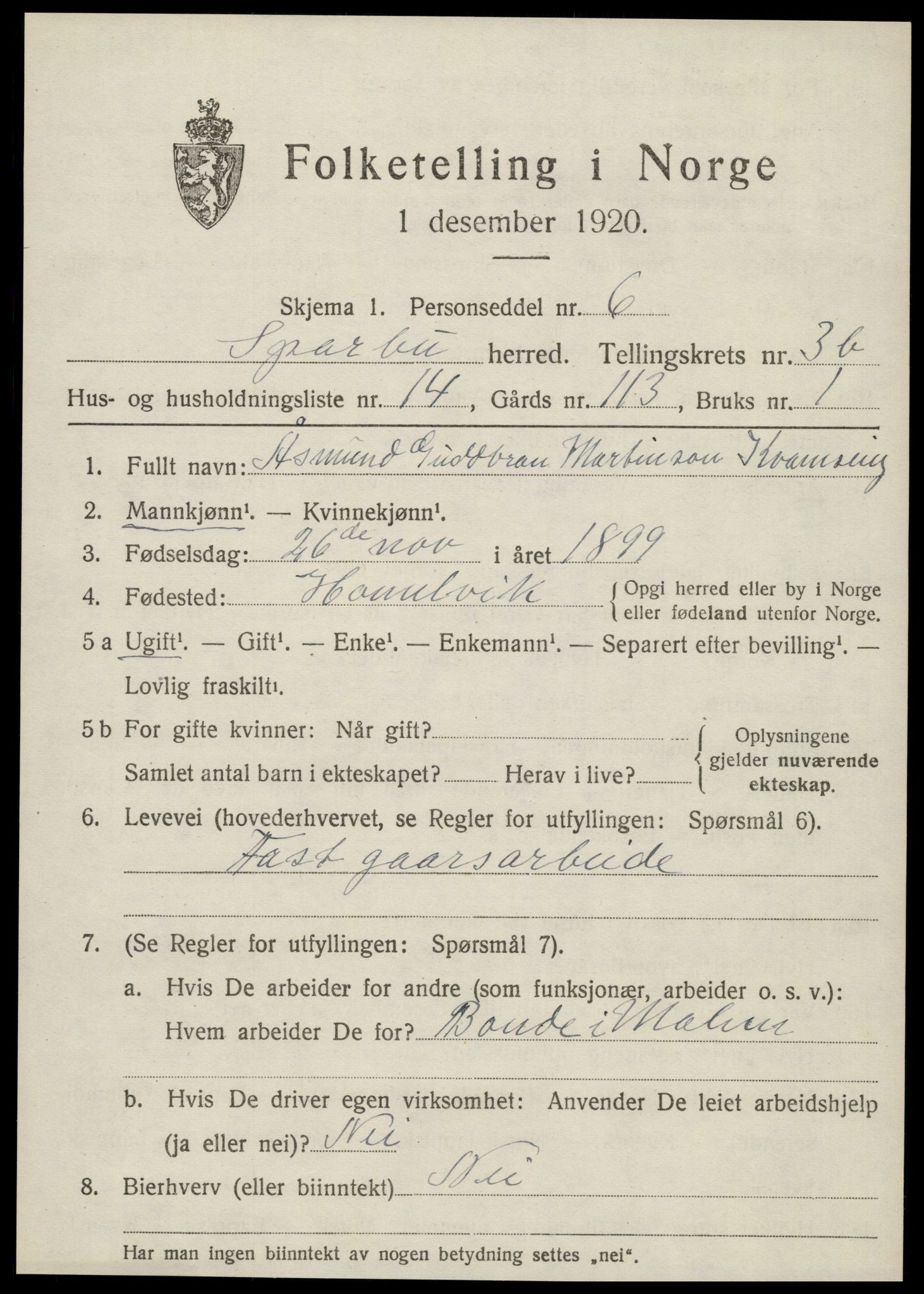 SAT, 1920 census for Sparbu, 1920, p. 4969