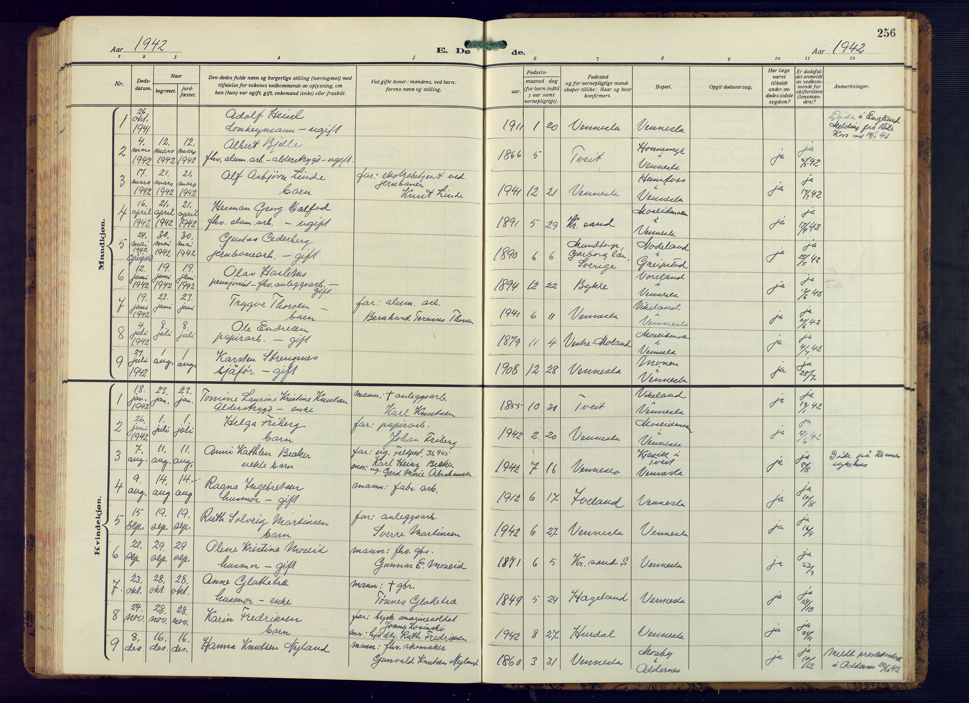 Vennesla sokneprestkontor, AV/SAK-1111-0045/Fb/Fbb/L0008: Parish register (copy) no. B 8, 1934-1947, p. 256