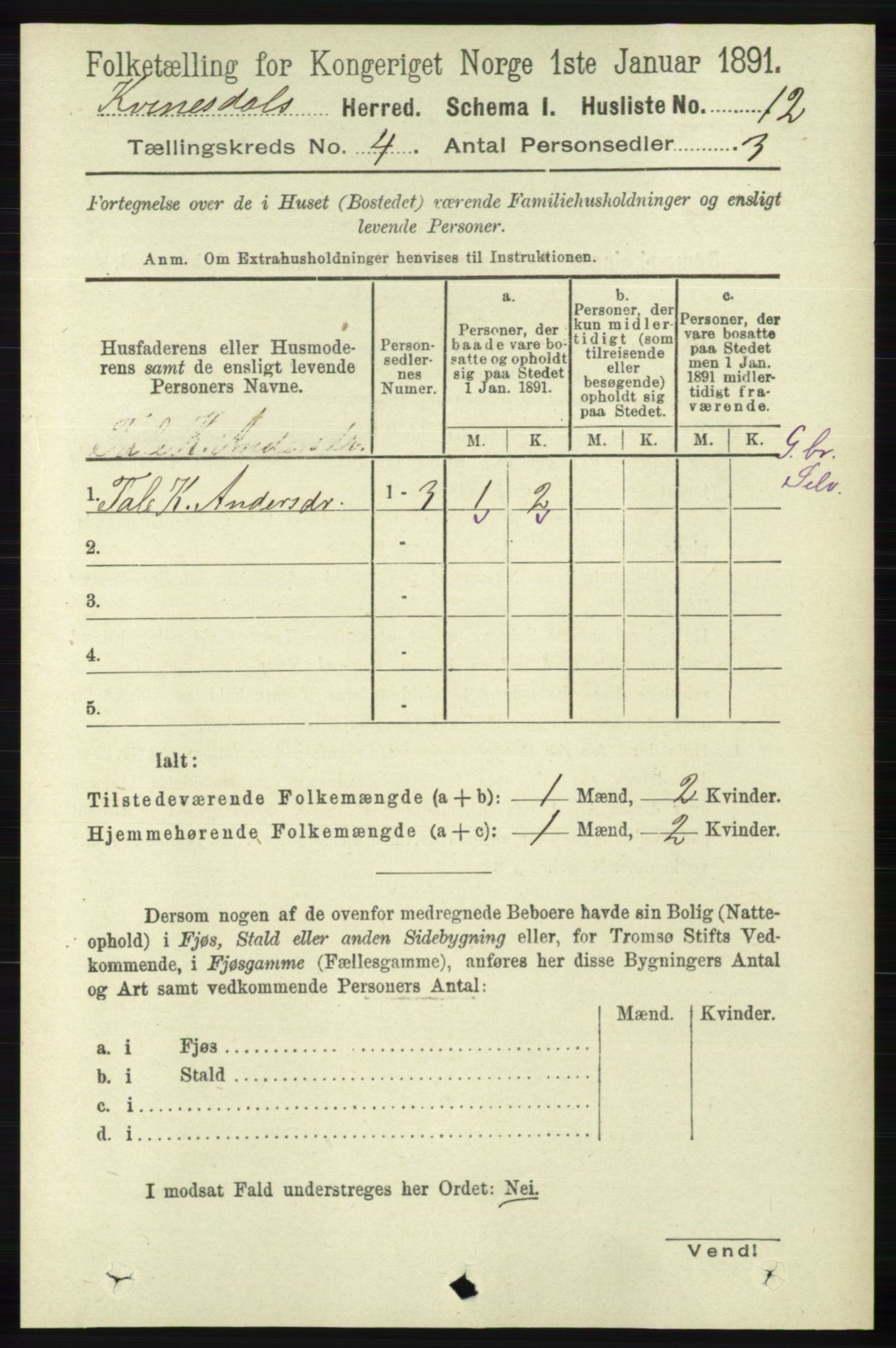 RA, 1891 census for 1037 Kvinesdal, 1891, p. 1405