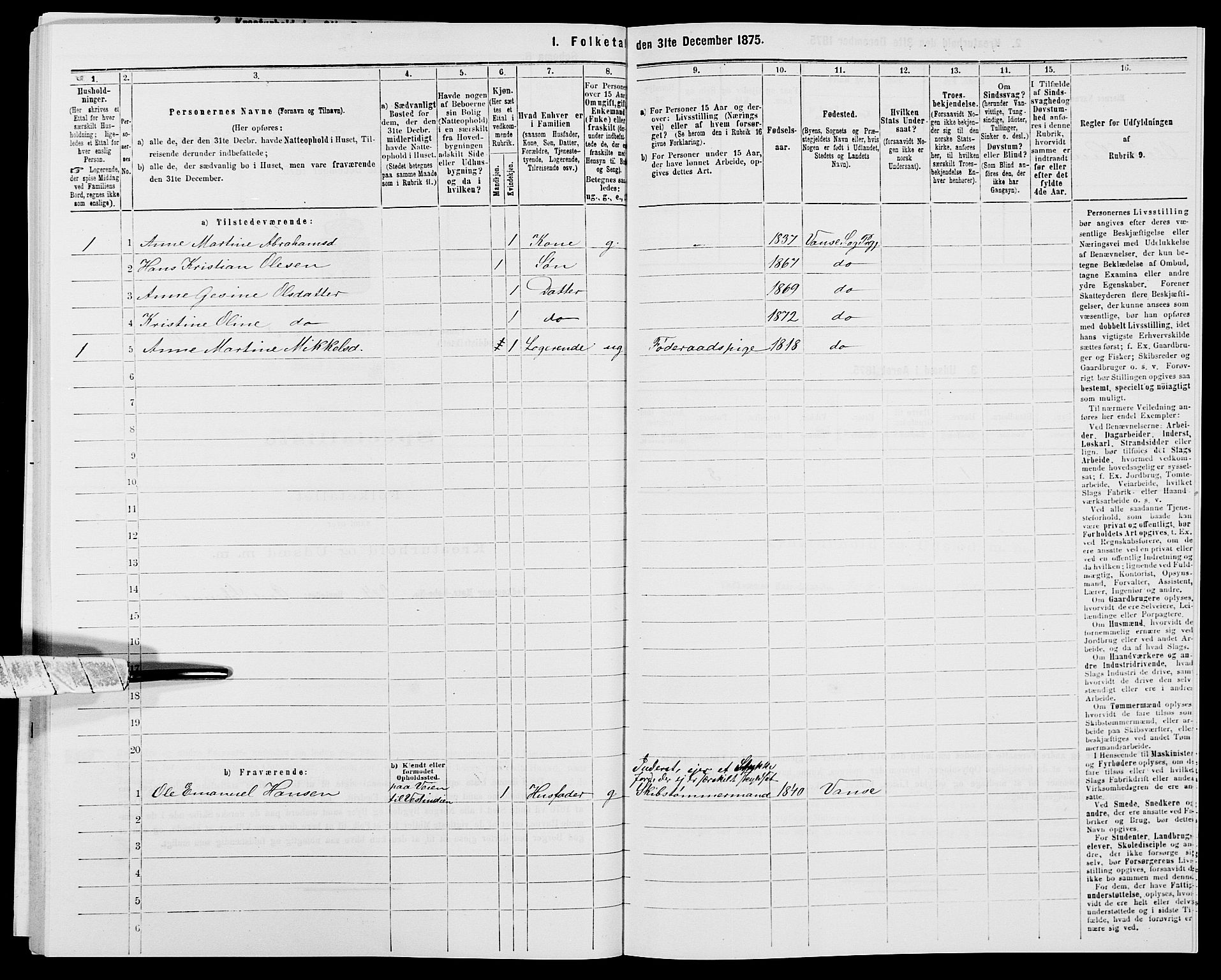 SAK, 1875 census for 1041L Vanse/Vanse og Farsund, 1875, p. 844