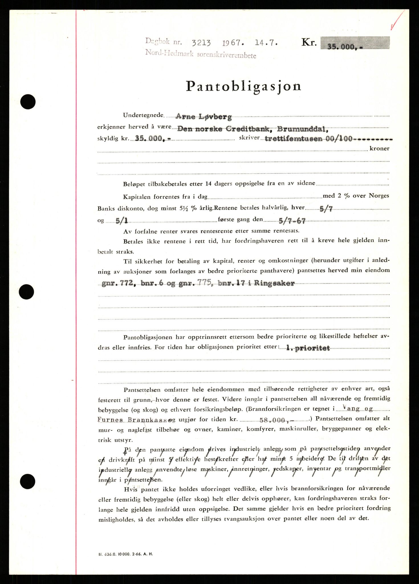 Nord-Hedmark sorenskriveri, SAH/TING-012/H/Hb/Hbf/L0071: Mortgage book no. B71, 1967-1967, Diary no: : 3213/1967