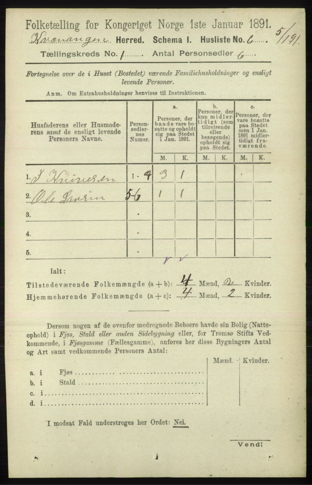 RA, 1891 census for 1943 Kvænangen, 1891, p. 19