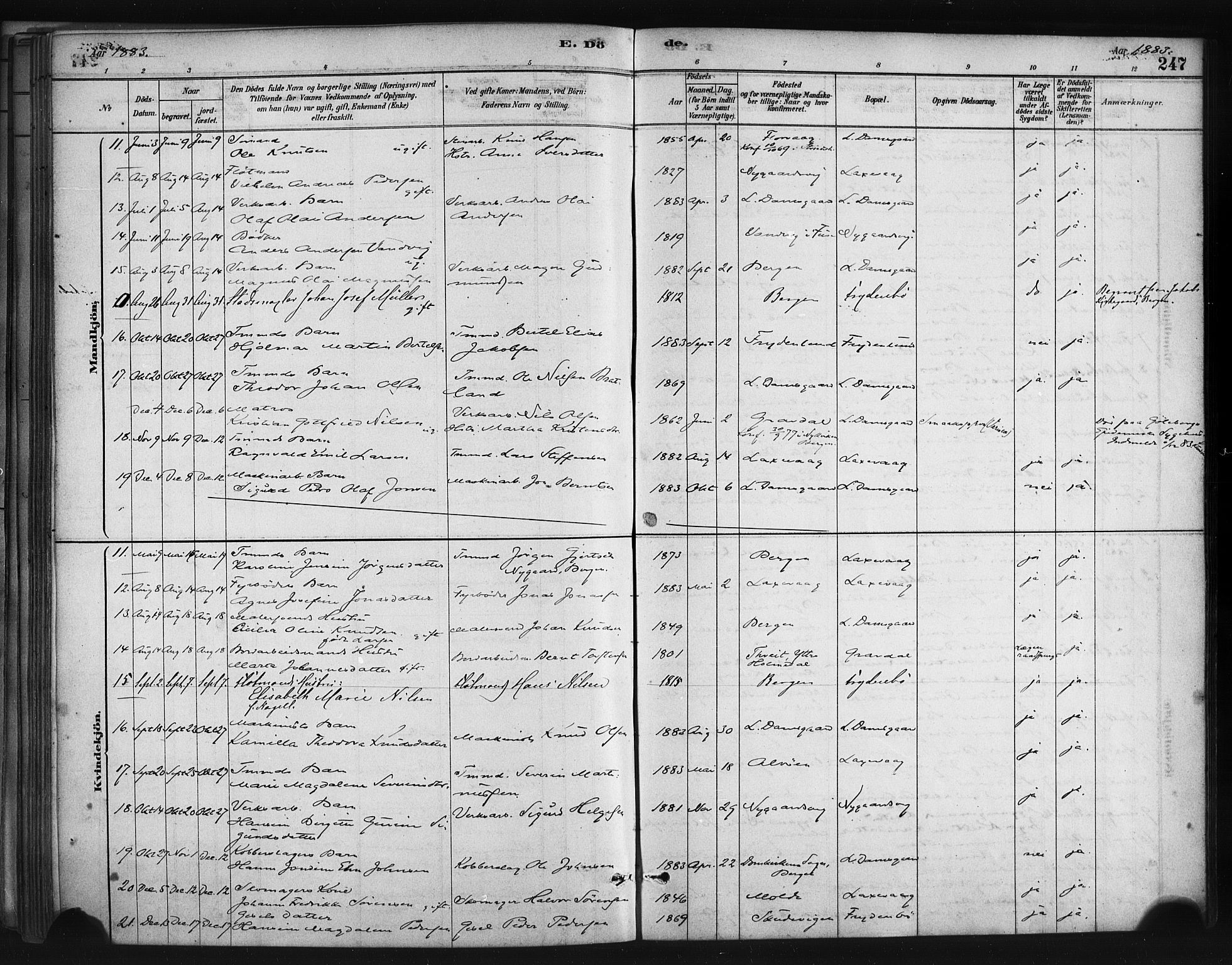 Askøy Sokneprestembete, AV/SAB-A-74101/H/Ha/Haa/Haae/L0002: Parish register (official) no. E 2, 1878-1891, p. 247