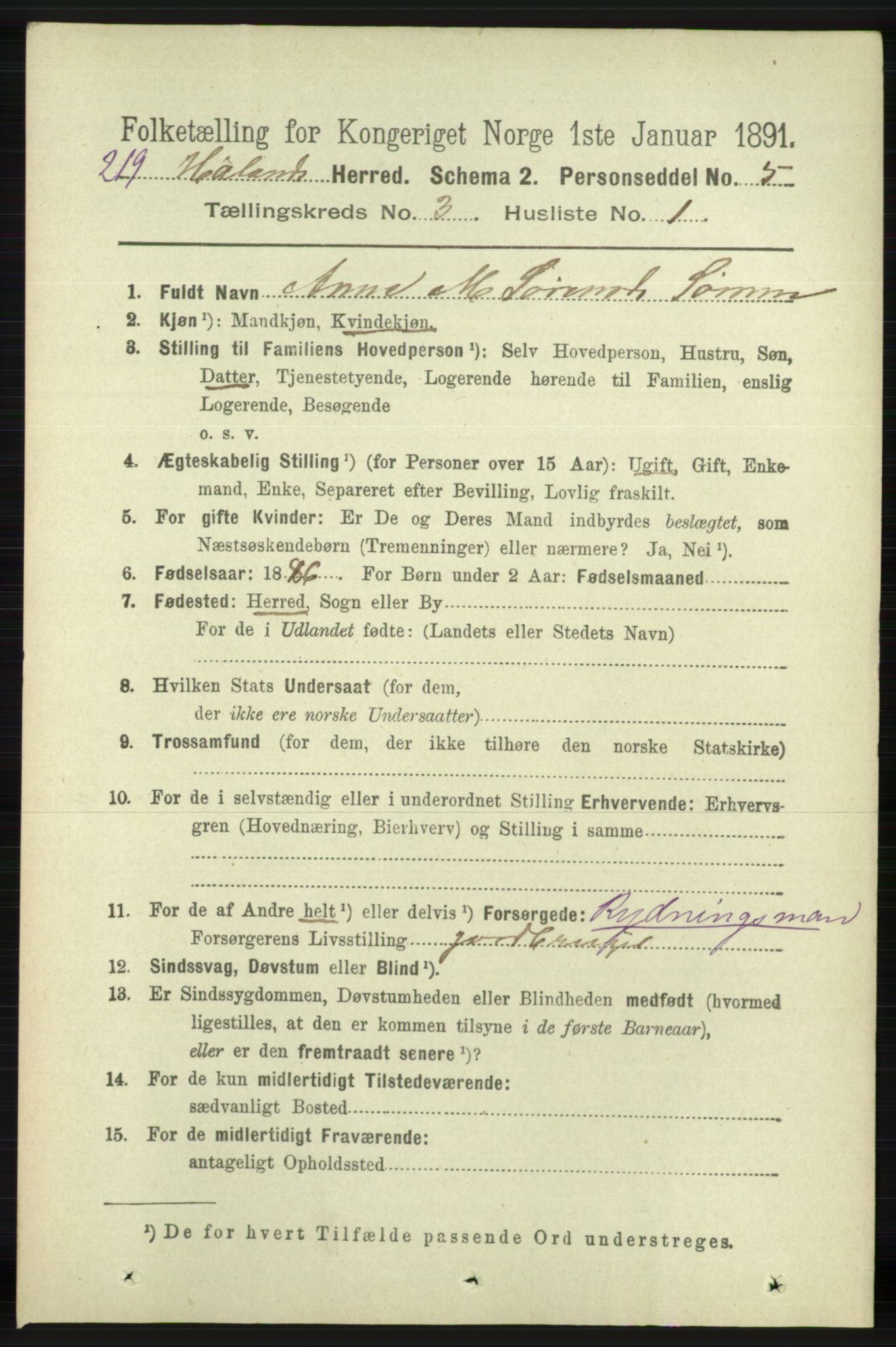 RA, 1891 census for 1124 Haaland, 1891, p. 1709