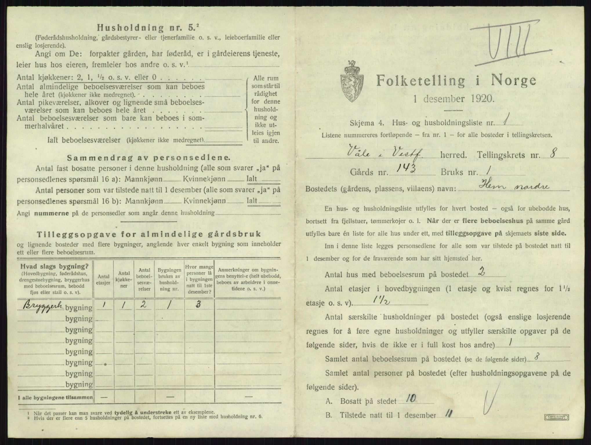 SAKO, 1920 census for Våle, 1920, p. 974