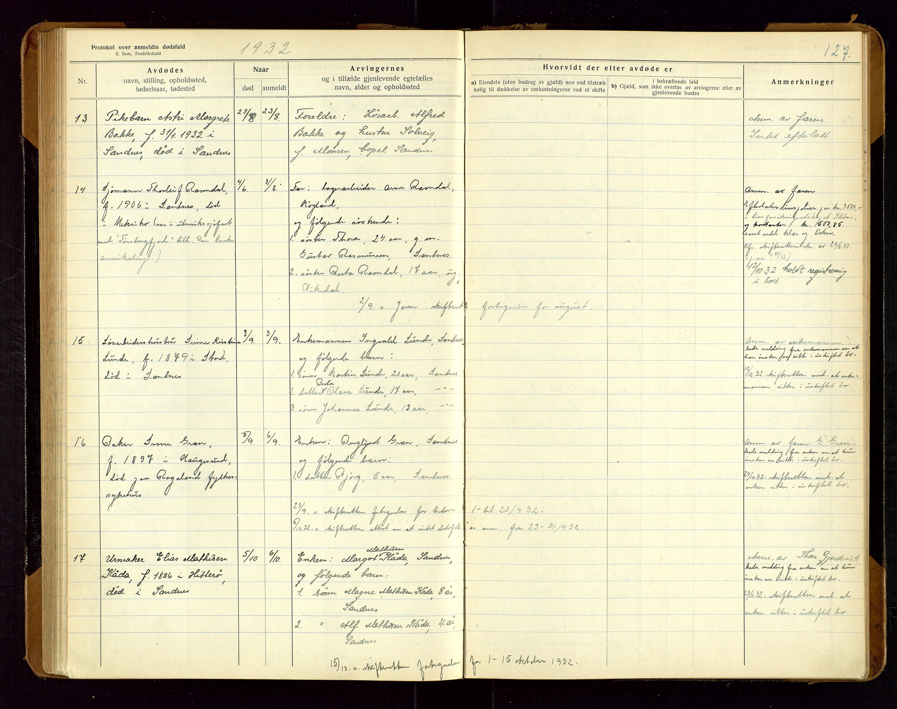 Sandnes lensmannskontor, AV/SAST-A-100167/Gga/L0001: "Protokol over anmeldte dødsfald" m/register, 1918-1940, p. 127