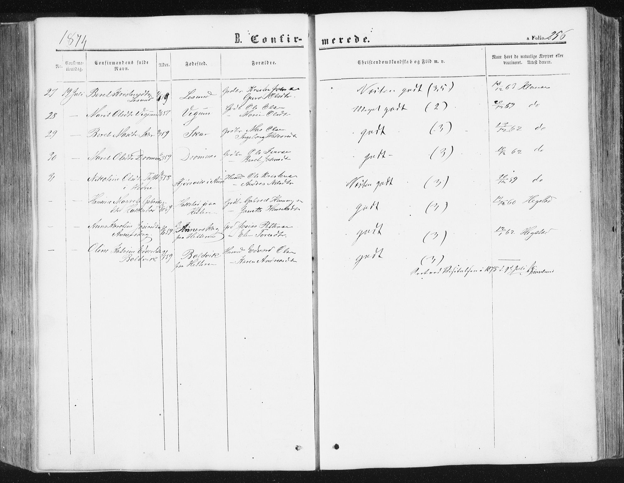 Ministerialprotokoller, klokkerbøker og fødselsregistre - Møre og Romsdal, AV/SAT-A-1454/578/L0905: Parish register (official) no. 578A04, 1859-1877, p. 256