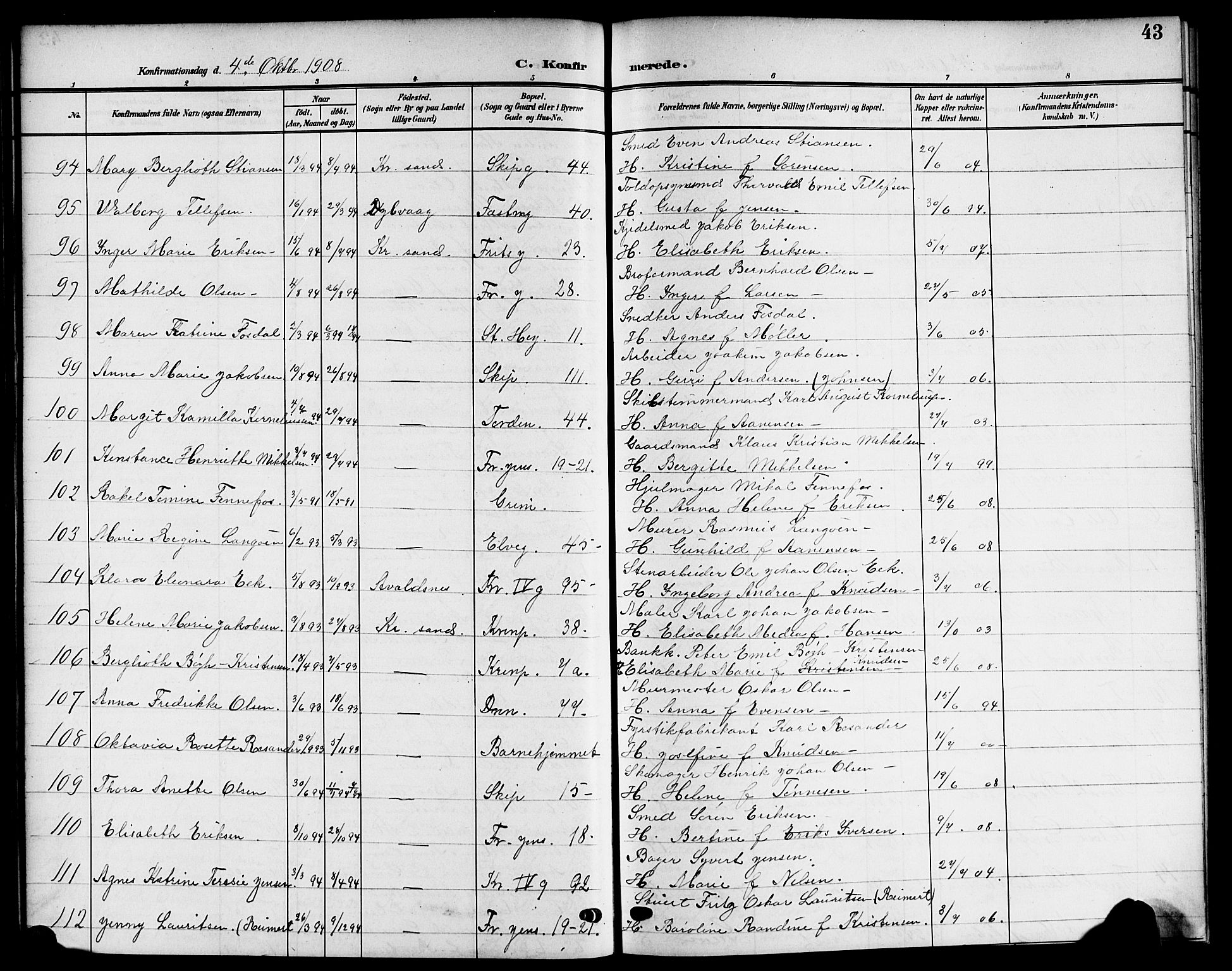 Kristiansand domprosti, SAK/1112-0006/F/Fb/L0020: Parish register (copy) no. B 20, 1906-1915, p. 43
