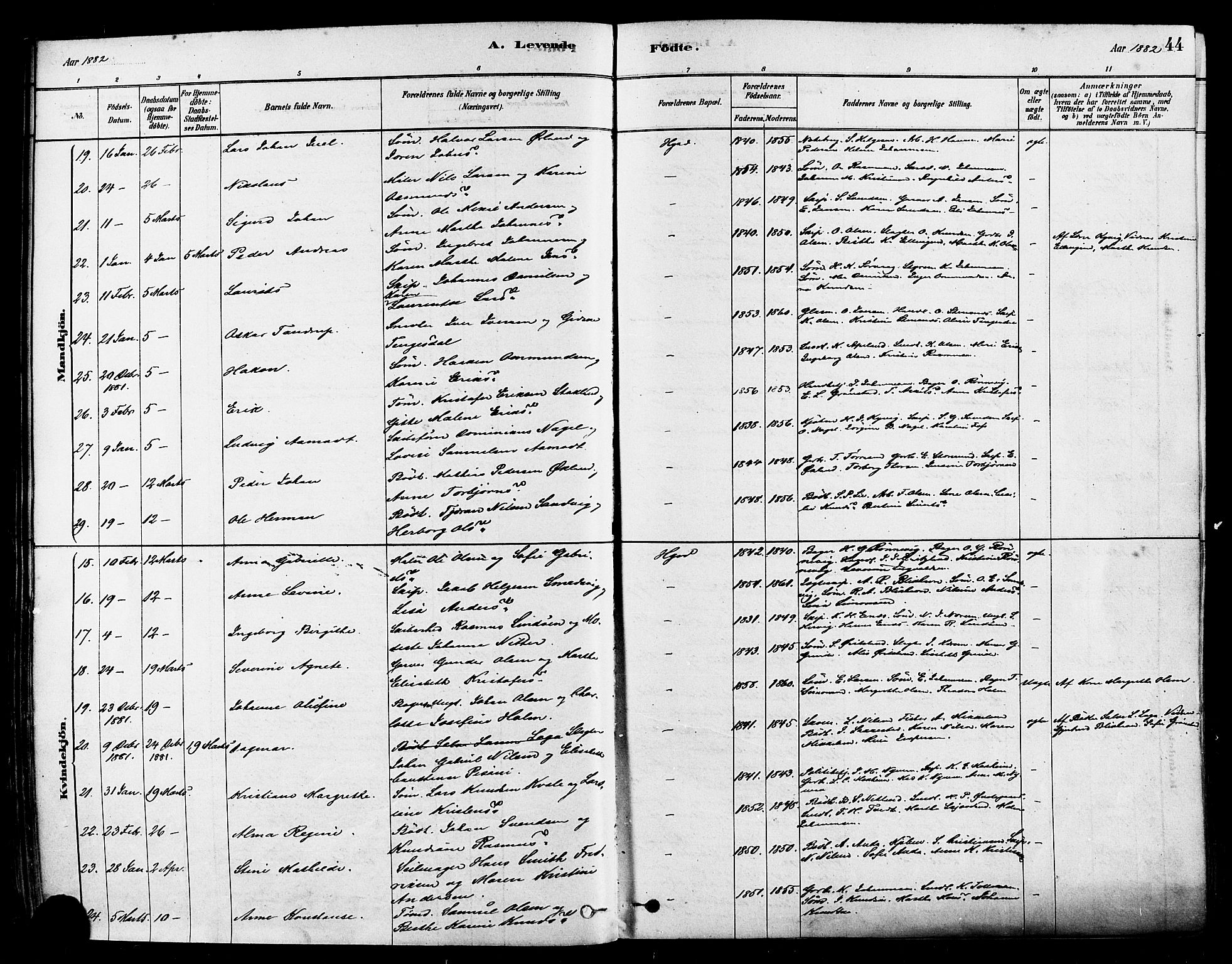 Haugesund sokneprestkontor, SAST/A -101863/H/Ha/Haa/L0001: Parish register (official) no. A 1, 1878-1885, p. 44