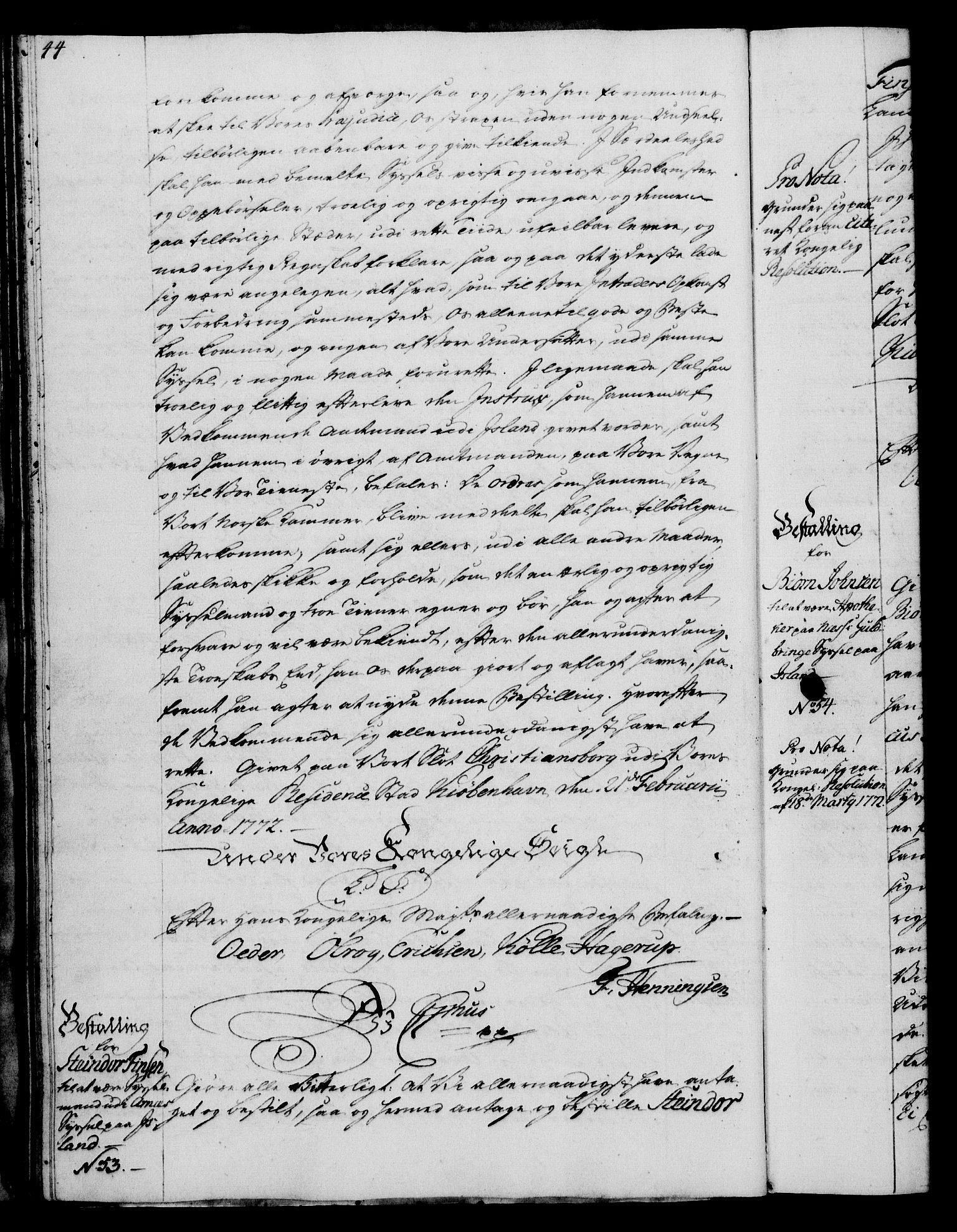 Rentekammeret, Kammerkanselliet, RA/EA-3111/G/Gg/Gge/L0005: Norsk bestallingsprotokoll med register (merket RK 53.29), 1771-1773, p. 44