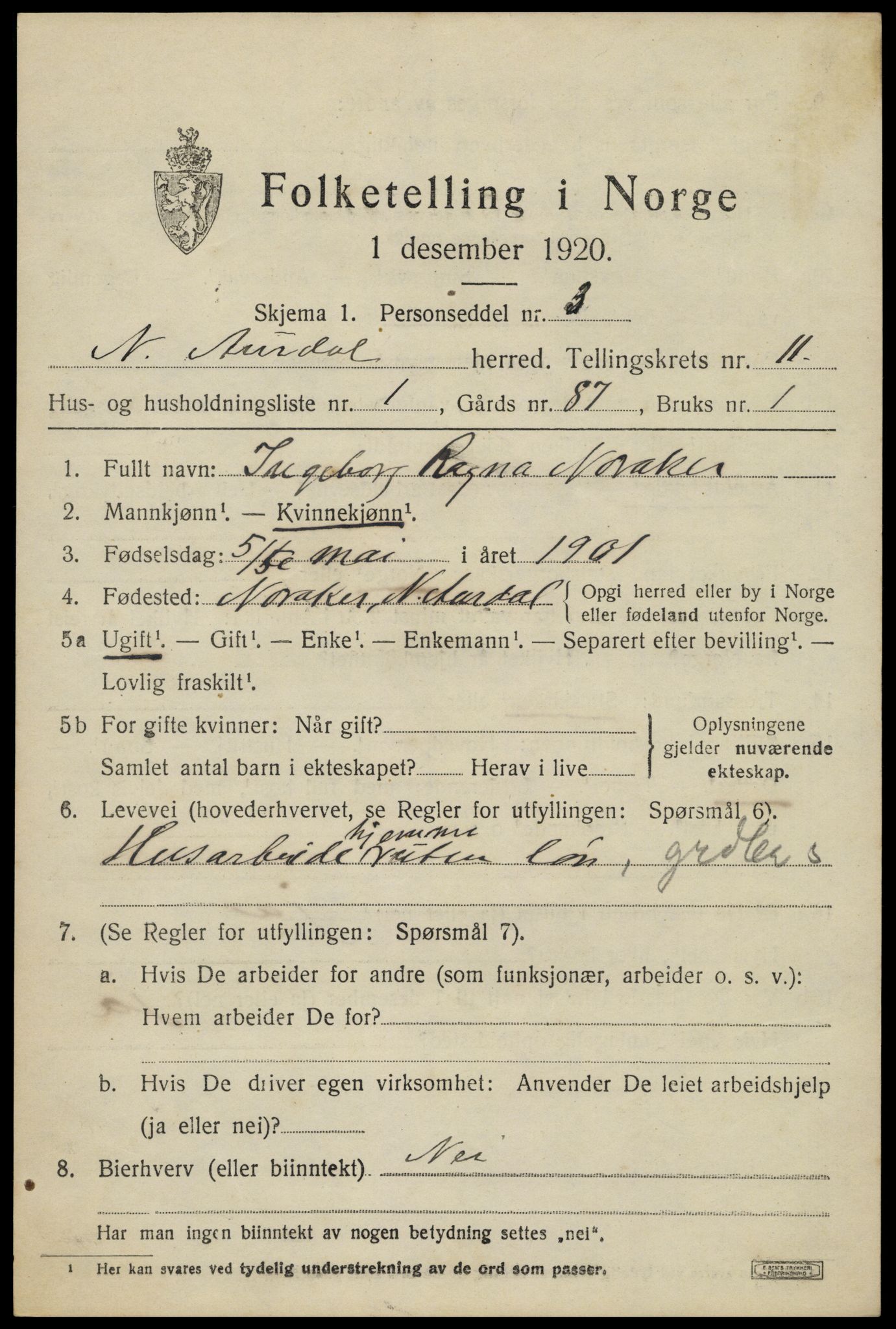 SAH, 1920 census for Nord-Aurdal, 1920, p. 8374