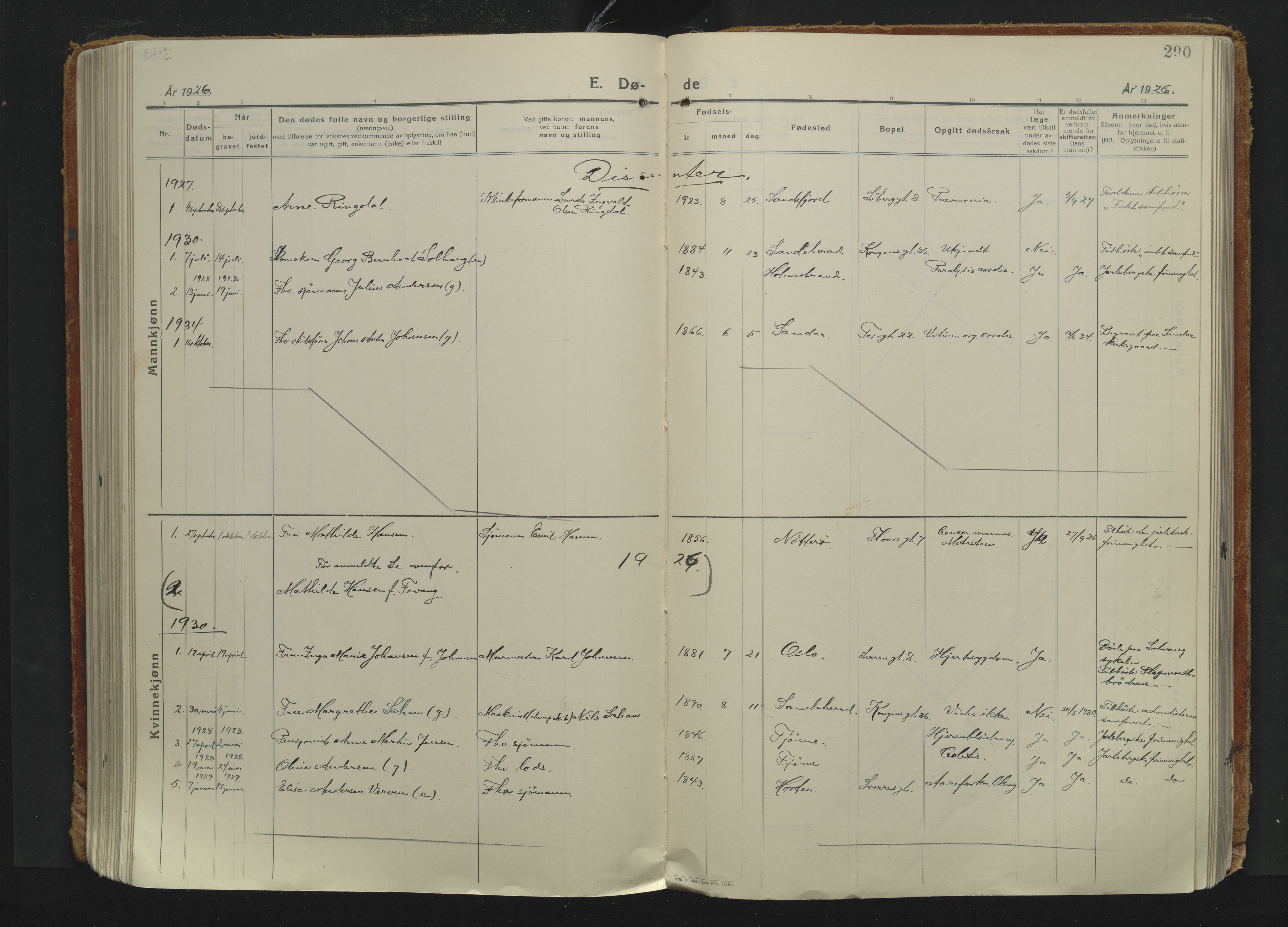 Sandefjord kirkebøker, AV/SAKO-A-315/F/Fa/L0009: Parish register (official) no. 9, 1926-1945, p. 290