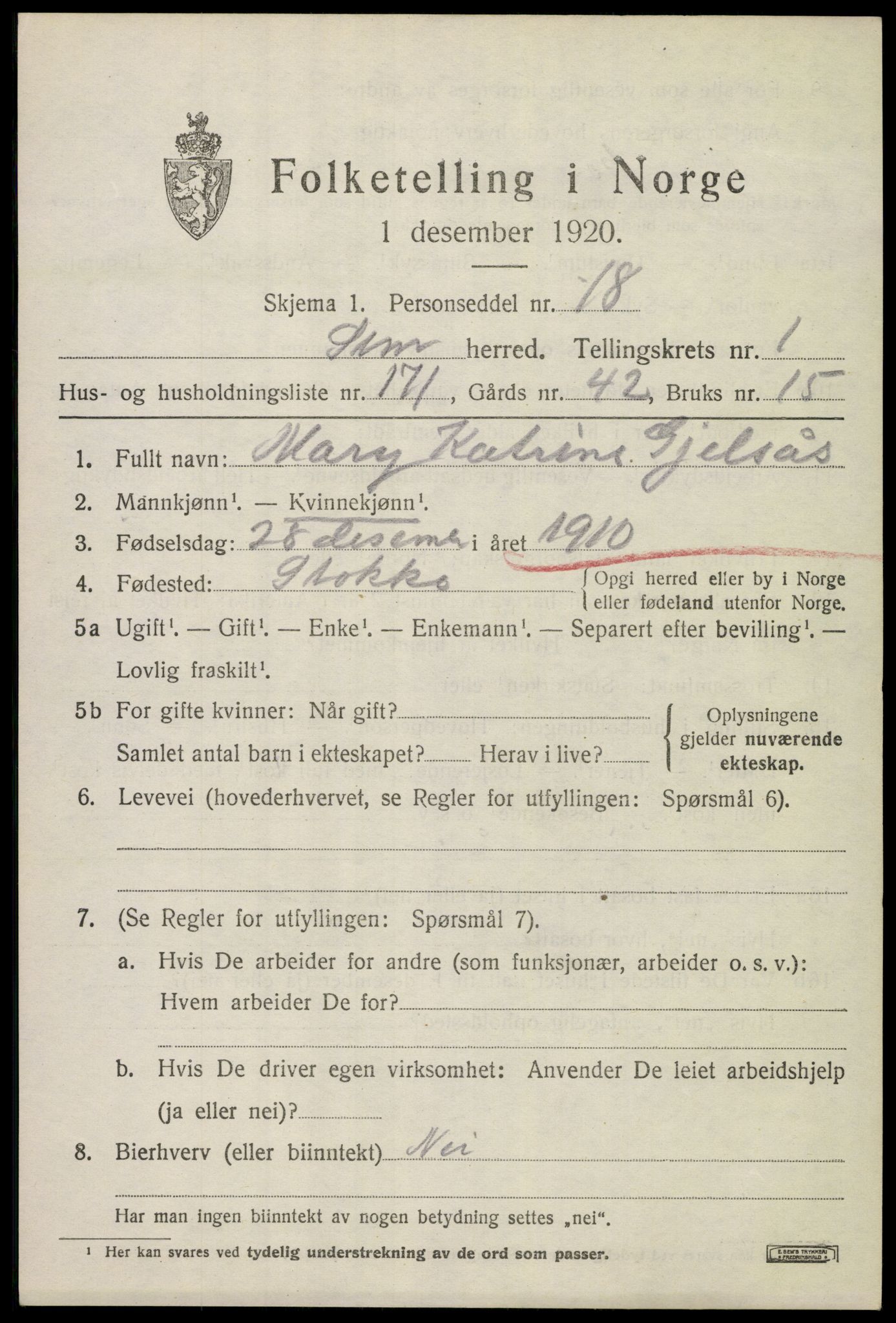 SAKO, 1920 census for Sem, 1920, p. 4991