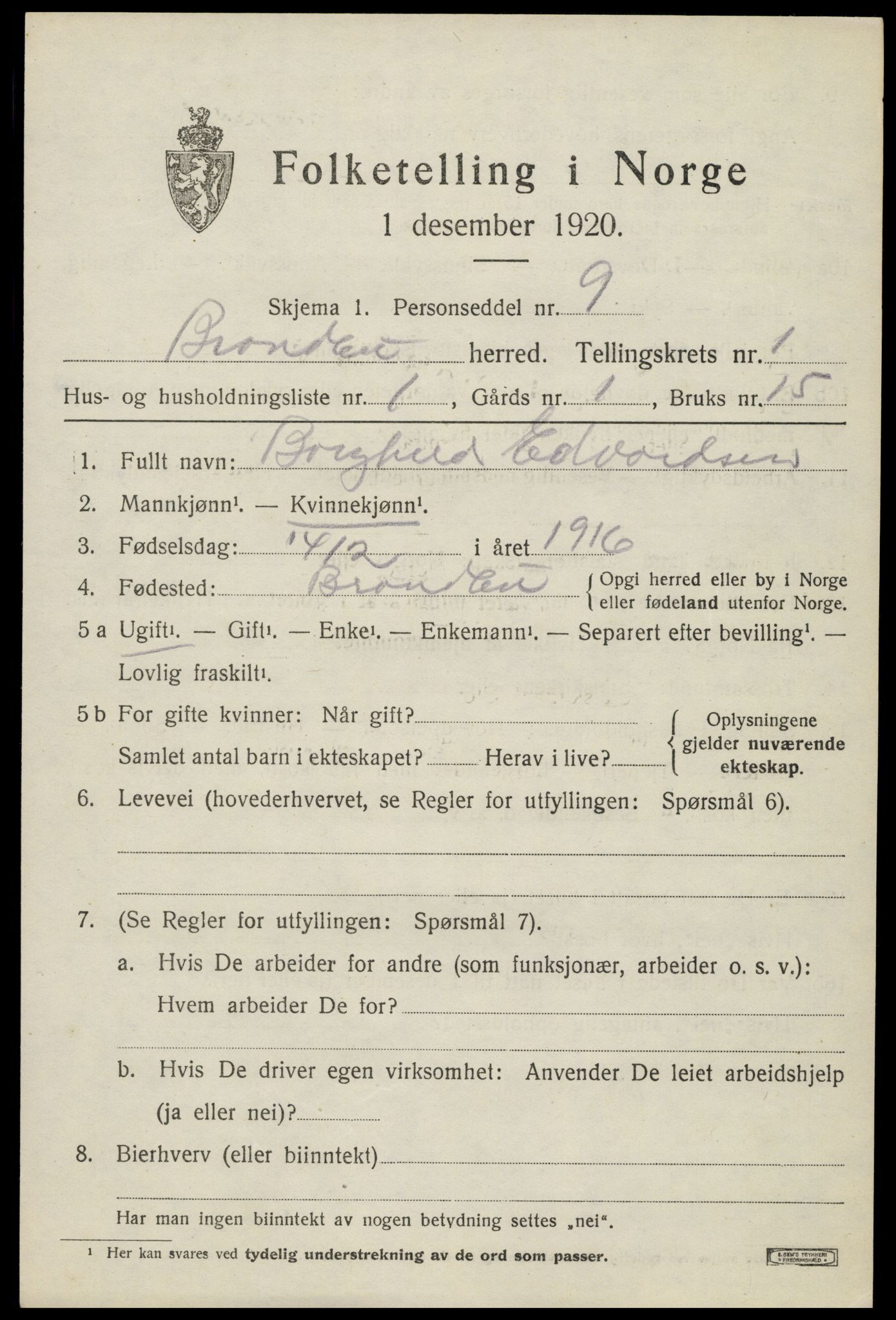 SAH, 1920 census for Brandbu, 1920, p. 1951