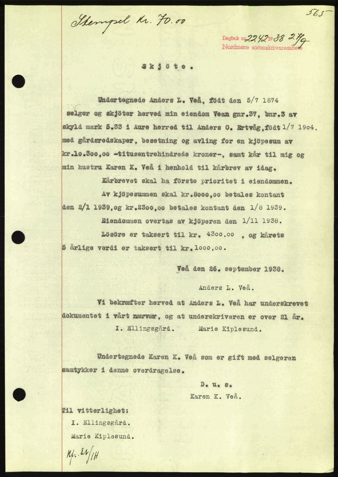 Nordmøre sorenskriveri, SAT/A-4132/1/2/2Ca: Mortgage book no. A84, 1938-1938, Diary no: : 2242/1938
