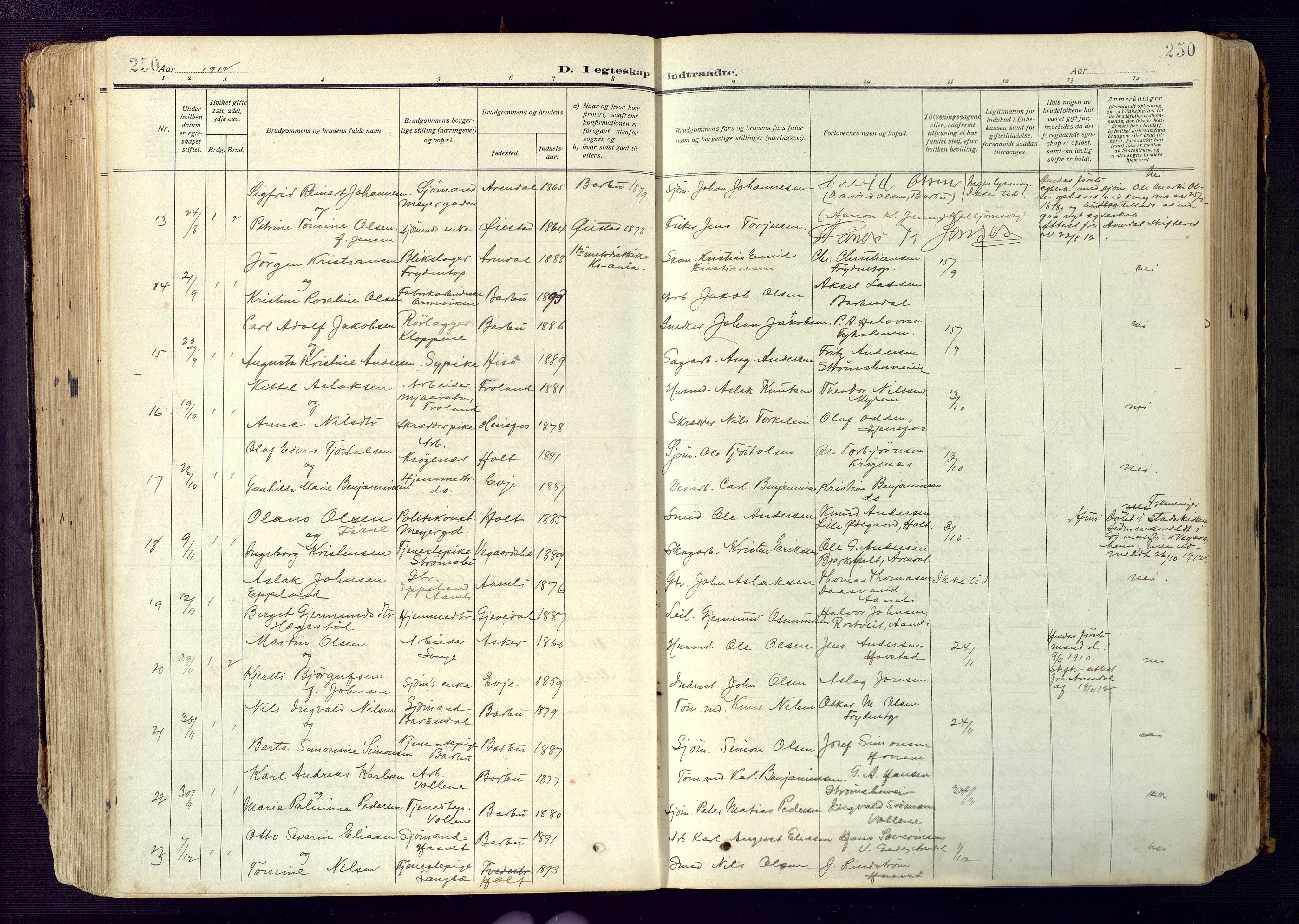 Barbu sokneprestkontor, AV/SAK-1111-0003/F/Fa/L0006: Parish register (official) no. A 6, 1910-1929, p. 250