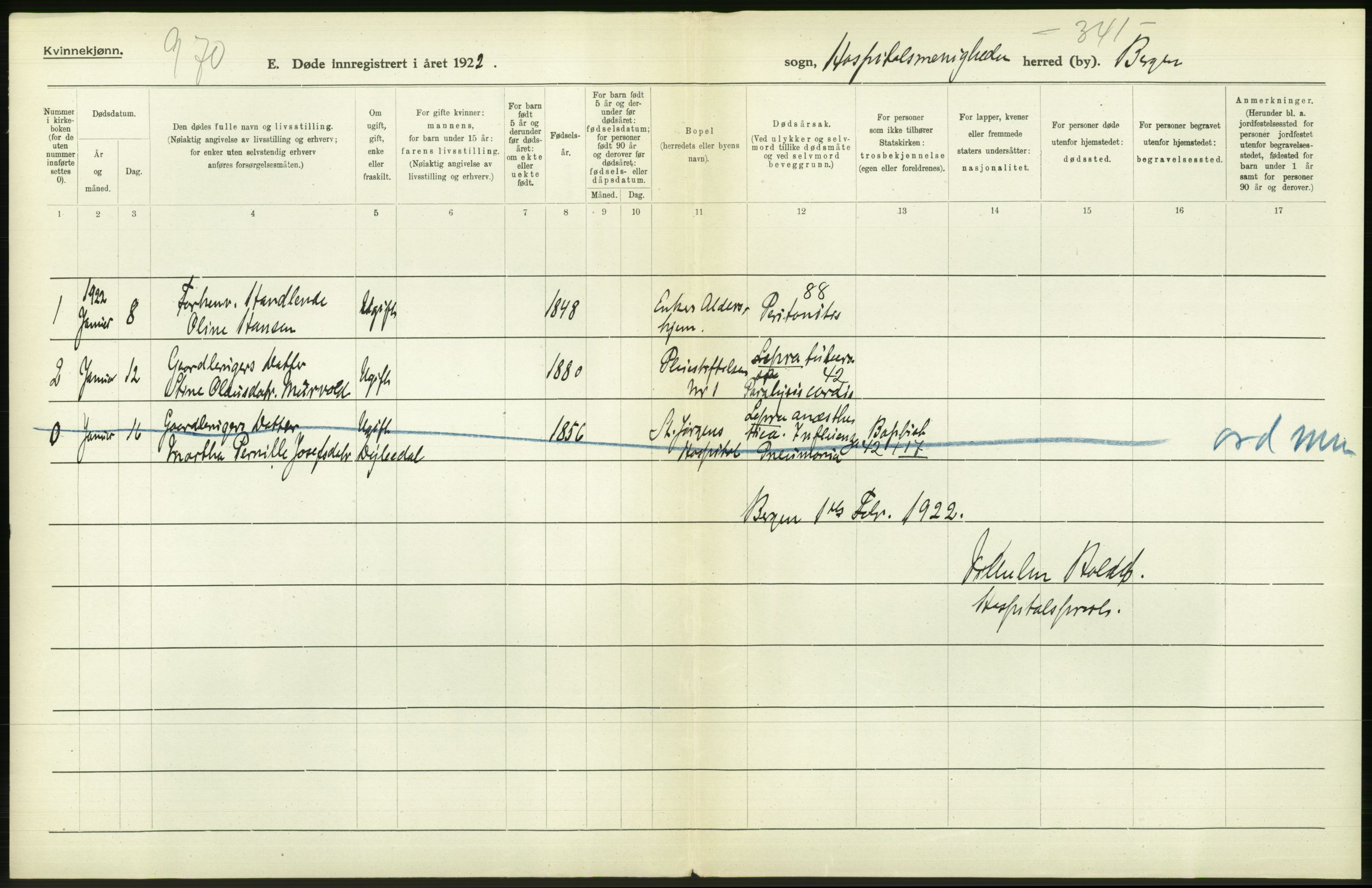 Statistisk sentralbyrå, Sosiodemografiske emner, Befolkning, AV/RA-S-2228/D/Df/Dfc/Dfcb/L0030: Bergen: Gifte, døde, dødfødte., 1922, p. 422