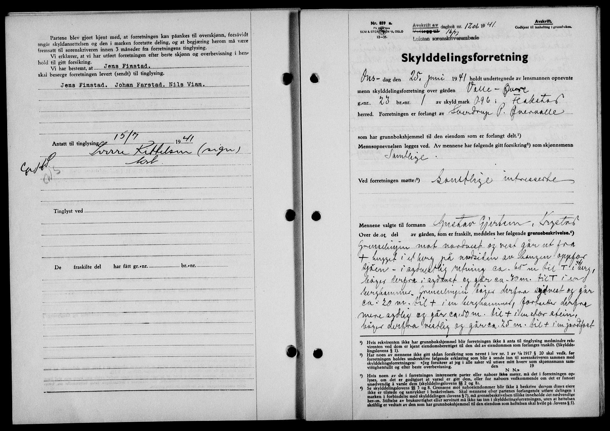 Lofoten sorenskriveri, SAT/A-0017/1/2/2C/L0008a: Mortgage book no. 8a, 1940-1941, Diary no: : 1206/1941