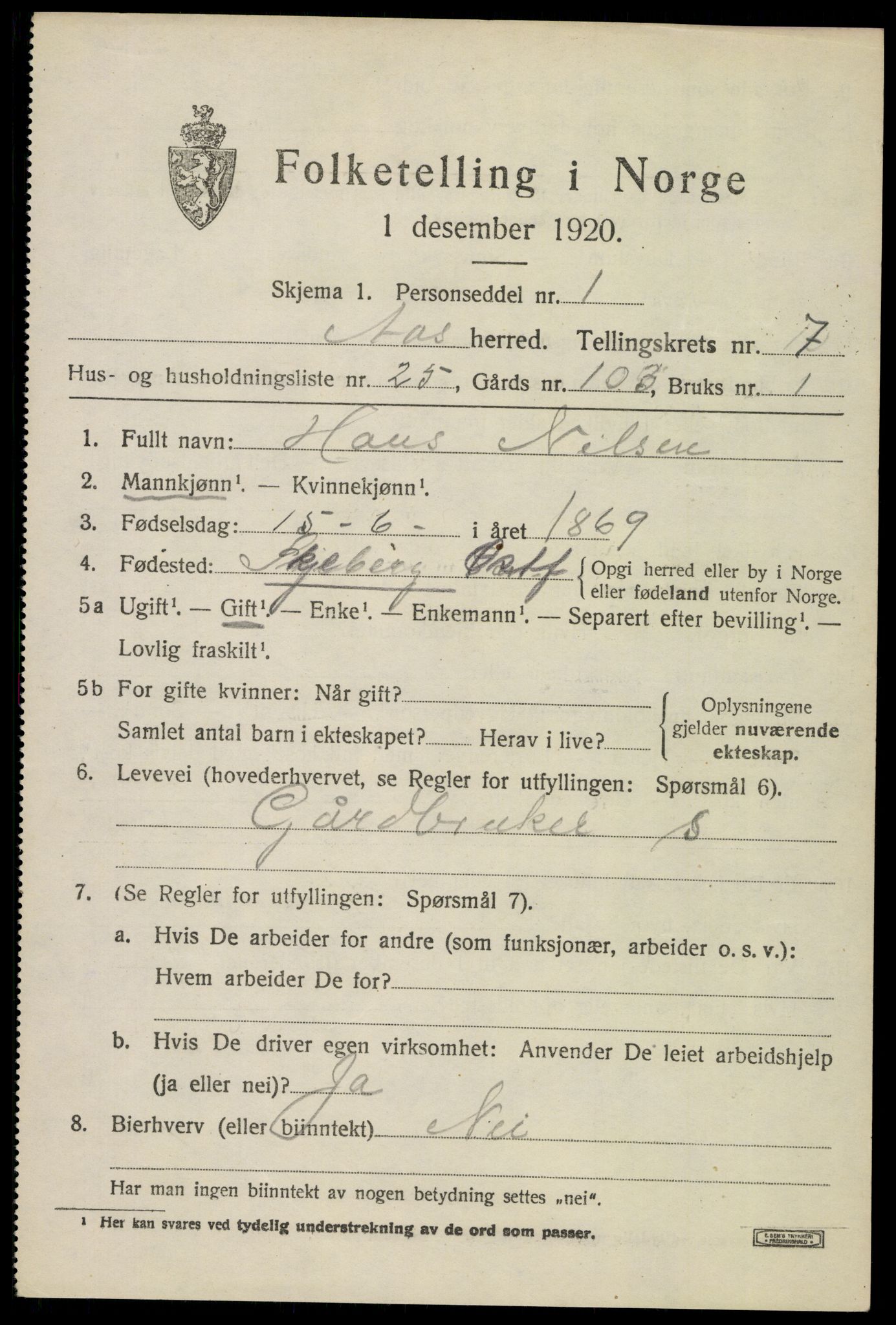 SAO, 1920 census for Ås, 1920, p. 7990