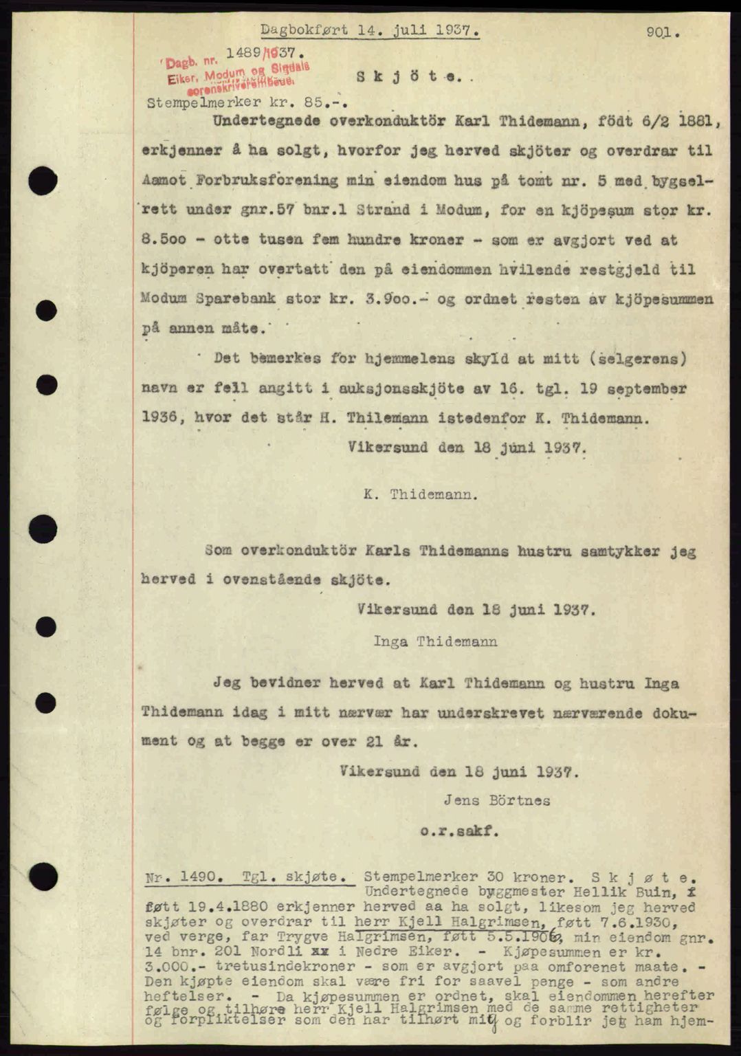 Eiker, Modum og Sigdal sorenskriveri, SAKO/A-123/G/Ga/Gab/L0035: Mortgage book no. A5, 1937-1937, Diary no: : 1489/1937
