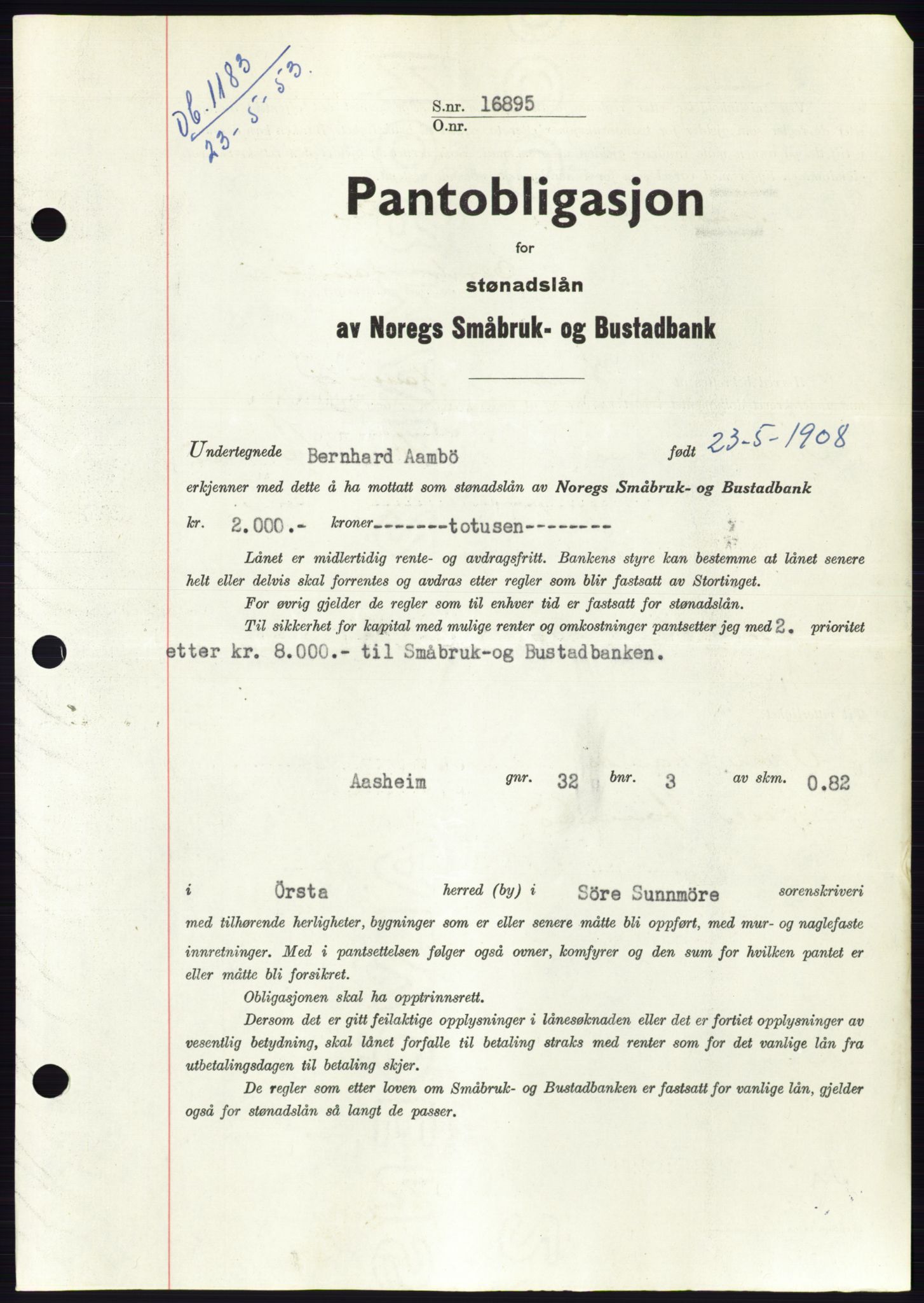 Søre Sunnmøre sorenskriveri, AV/SAT-A-4122/1/2/2C/L0123: Mortgage book no. 11B, 1953-1953, Diary no: : 1183/1953