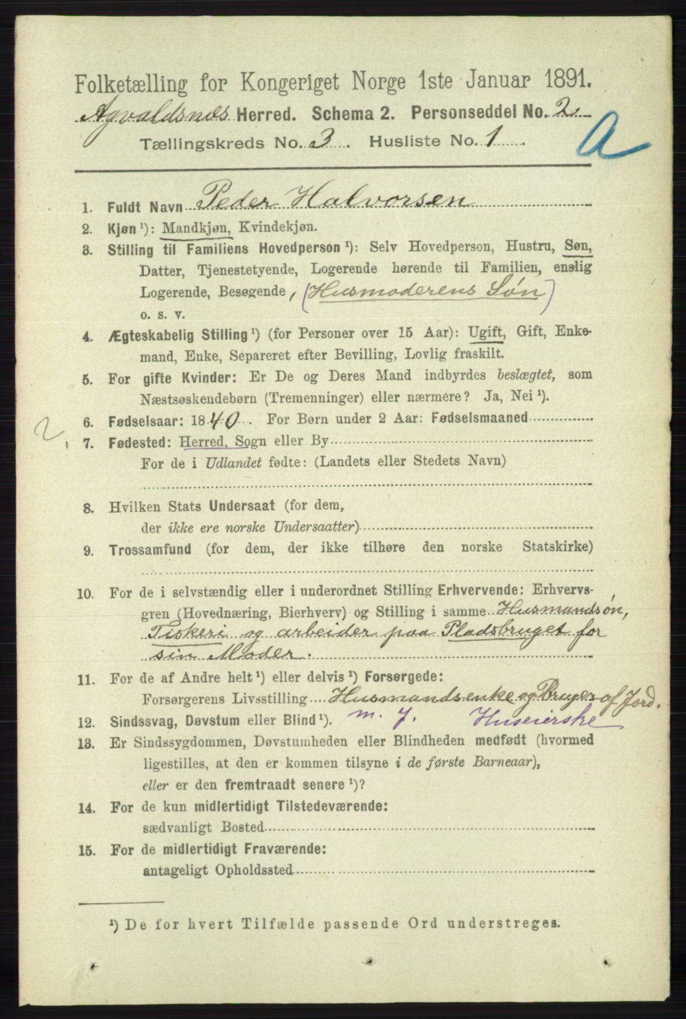 RA, 1891 census for 1147 Avaldsnes, 1891, p. 1016