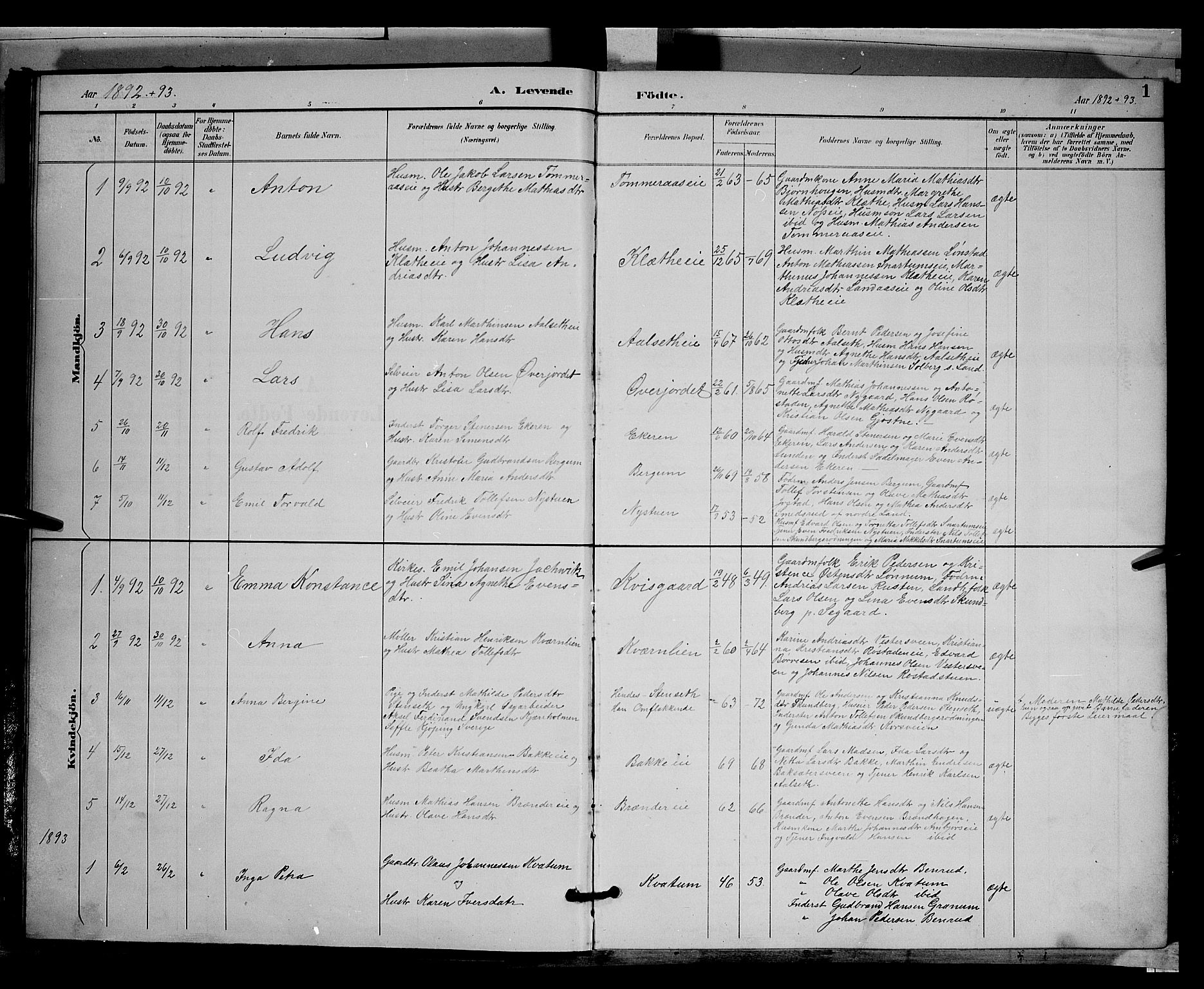 Biri prestekontor, SAH/PREST-096/H/Ha/Hab/L0003: Parish register (copy) no. 3, 1892-1905, p. 1