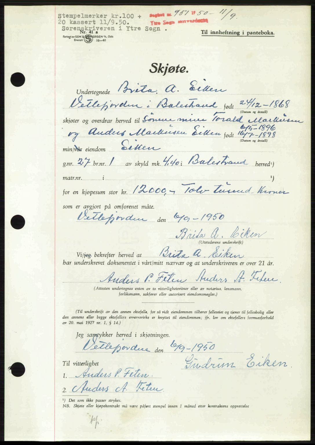 Ytre Sogn tingrett, SAB/A-2601/1/G/Gbb/L0009: Mortgage book no. A6 - A7 (B4), 1950-1950, Diary no: : 951/1950