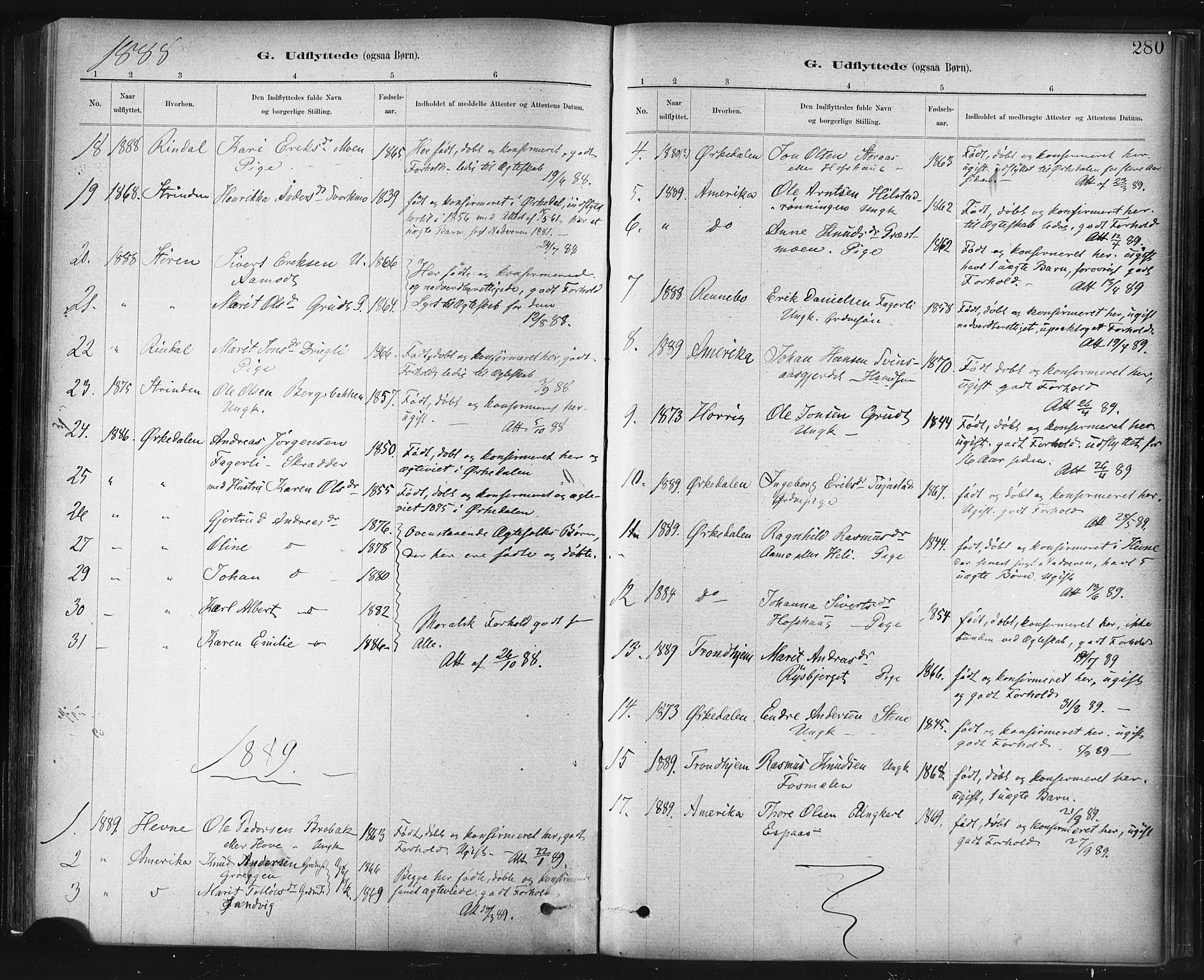 Ministerialprotokoller, klokkerbøker og fødselsregistre - Sør-Trøndelag, SAT/A-1456/672/L0857: Parish register (official) no. 672A09, 1882-1893, p. 280