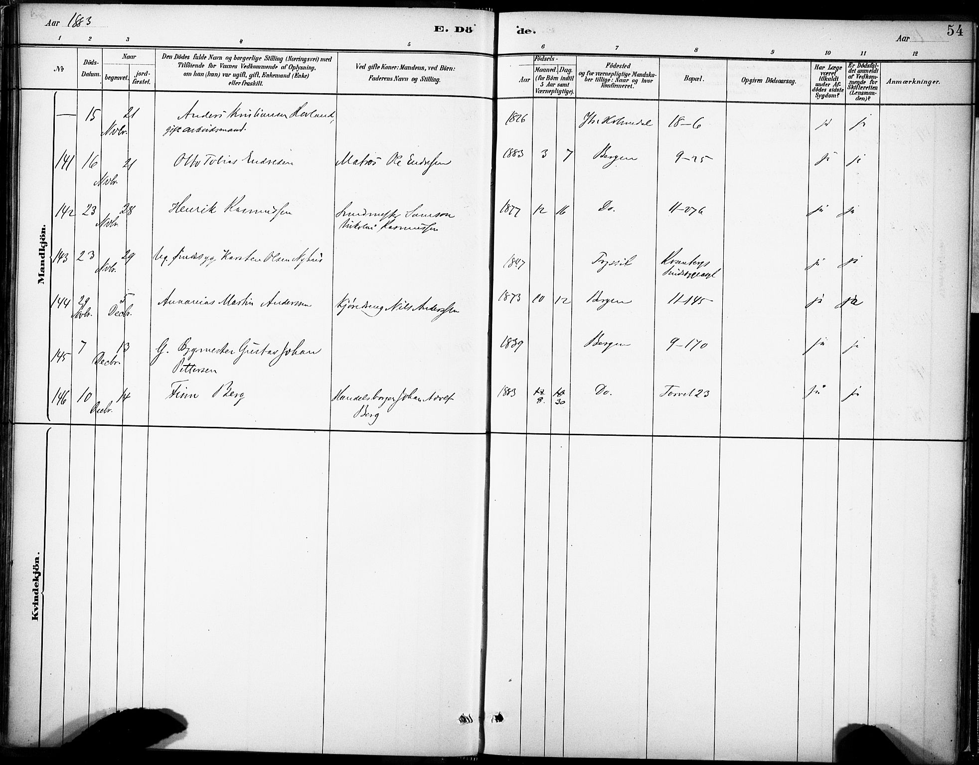 Domkirken sokneprestembete, AV/SAB-A-74801/H/Haa/L0043: Parish register (official) no. E 5, 1882-1904, p. 54