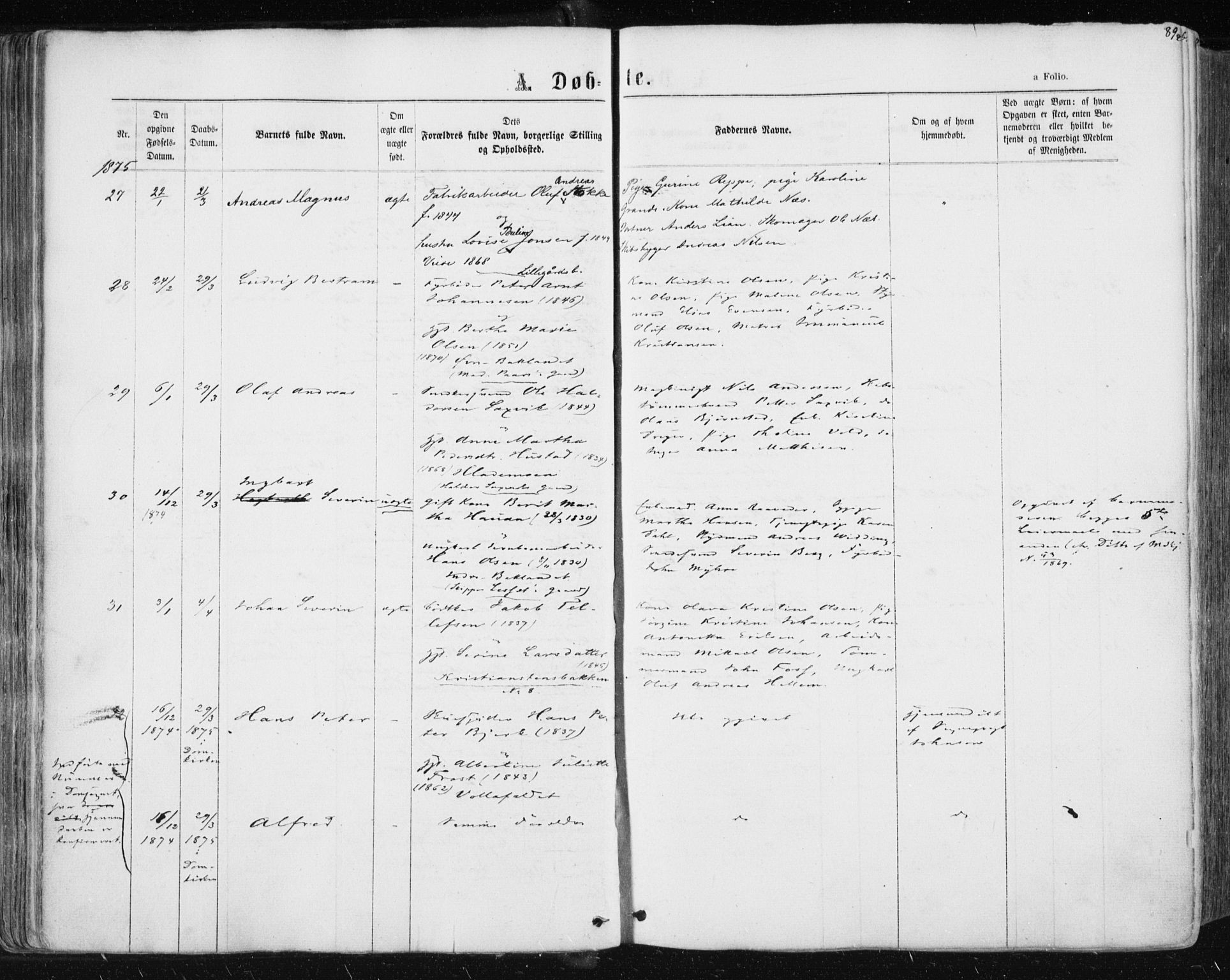 Ministerialprotokoller, klokkerbøker og fødselsregistre - Sør-Trøndelag, AV/SAT-A-1456/604/L0186: Parish register (official) no. 604A07, 1866-1877, p. 89