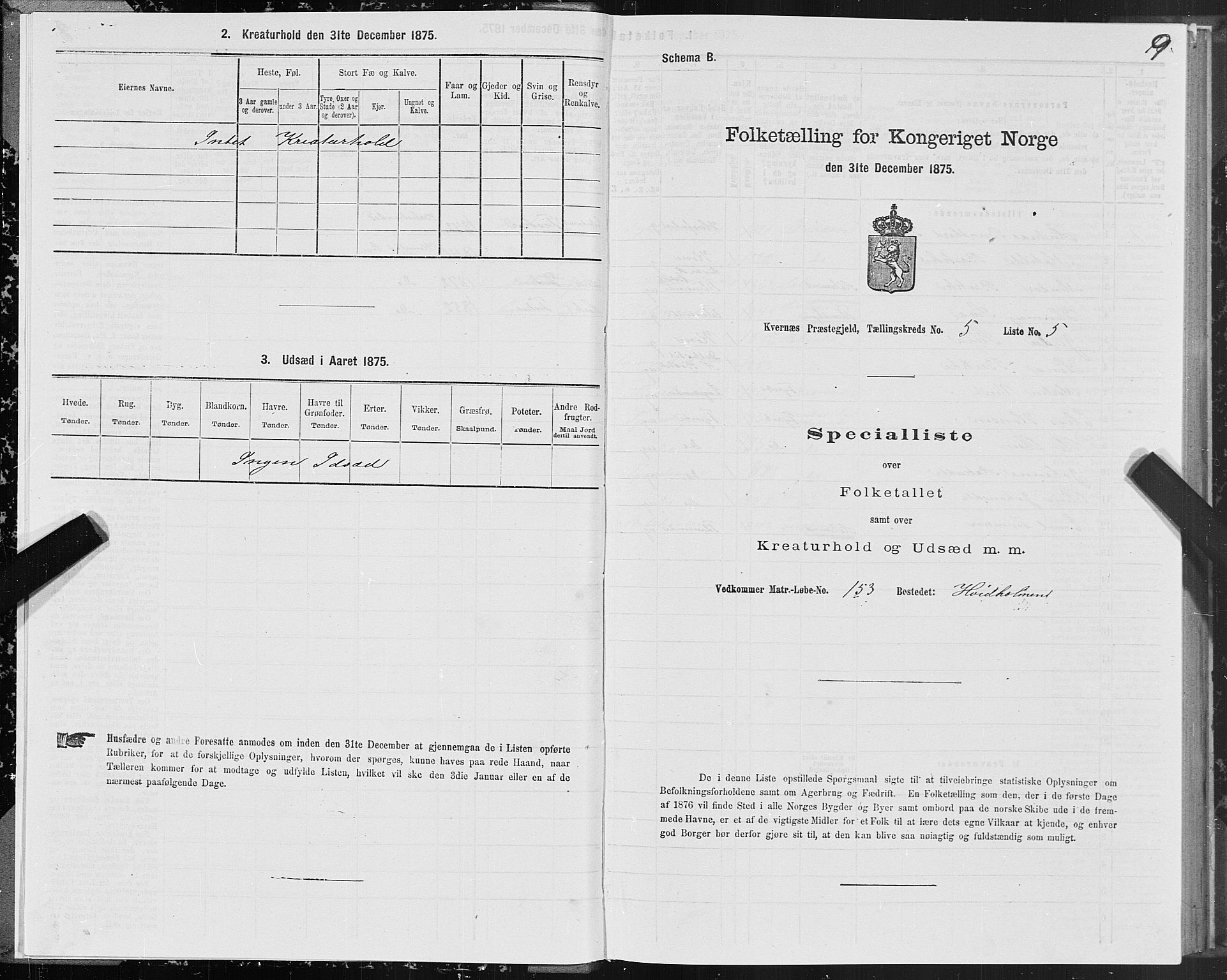 SAT, 1875 census for 1553P Kvernes, 1875, p. 3009