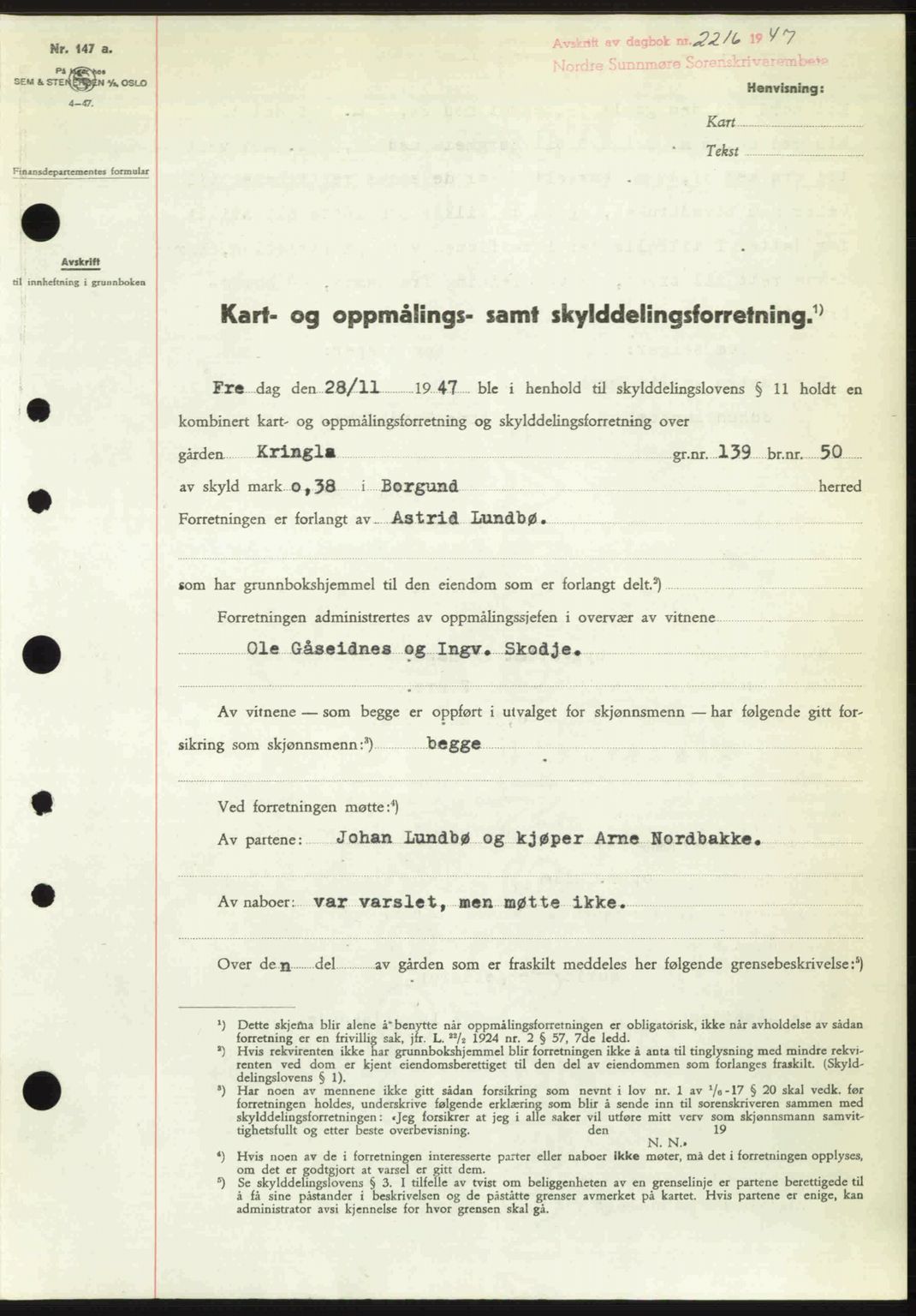 Nordre Sunnmøre sorenskriveri, AV/SAT-A-0006/1/2/2C/2Ca: Mortgage book no. A26, 1947-1948, Diary no: : 2216/1947