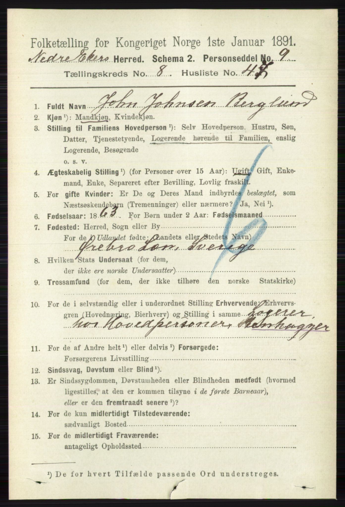RA, 1891 census for 0625 Nedre Eiker, 1891, p. 4256