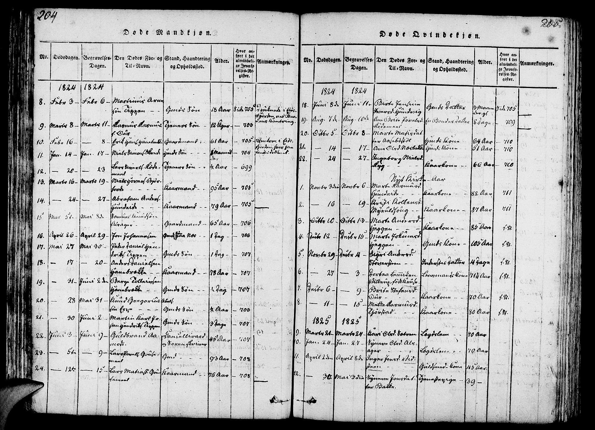 Eid sokneprestembete, SAB/A-82301/H/Haa/Haaa/L0005: Parish register (official) no. A 5, 1816-1830, p. 204-205