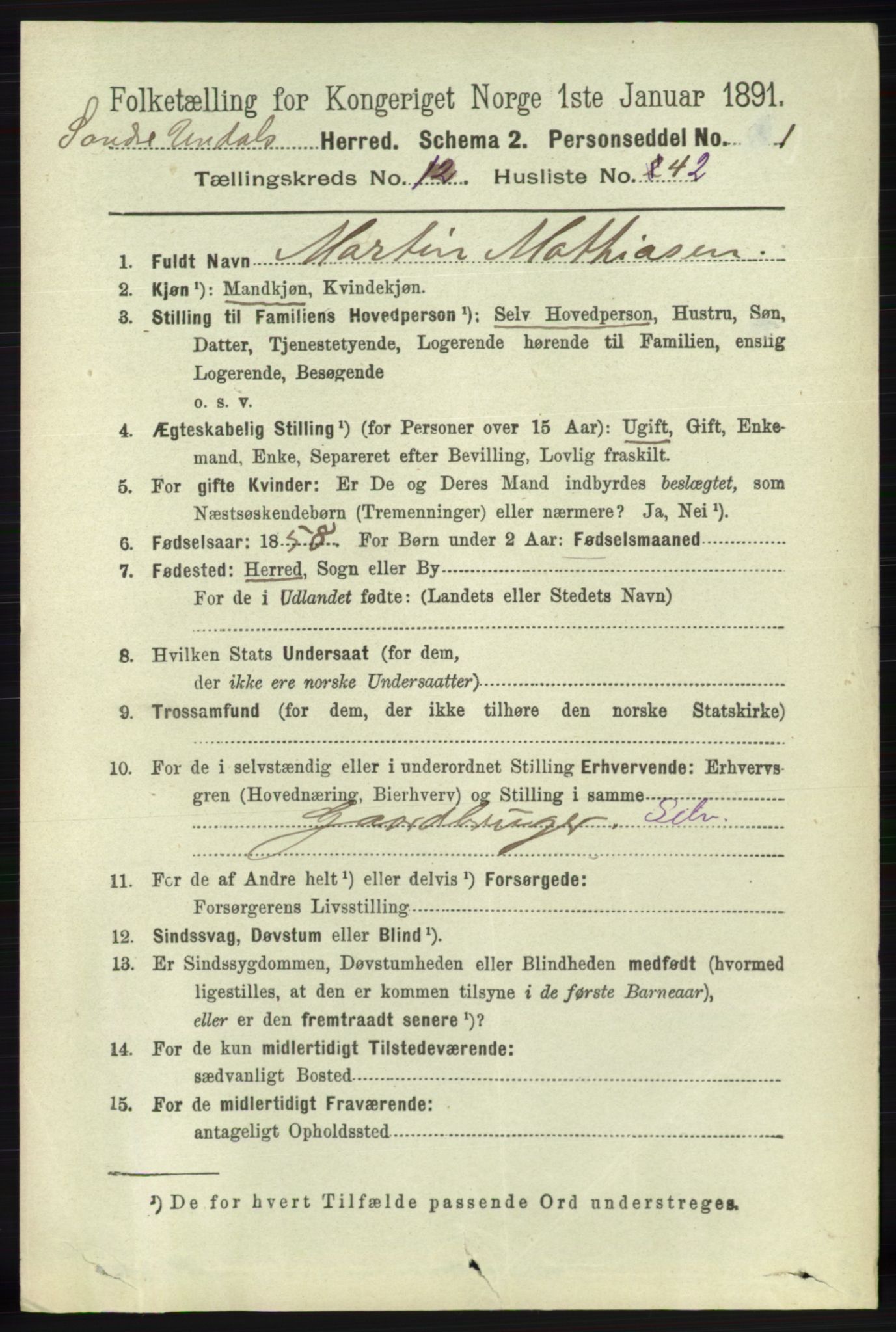 RA, 1891 census for 1029 Sør-Audnedal, 1891, p. 5736